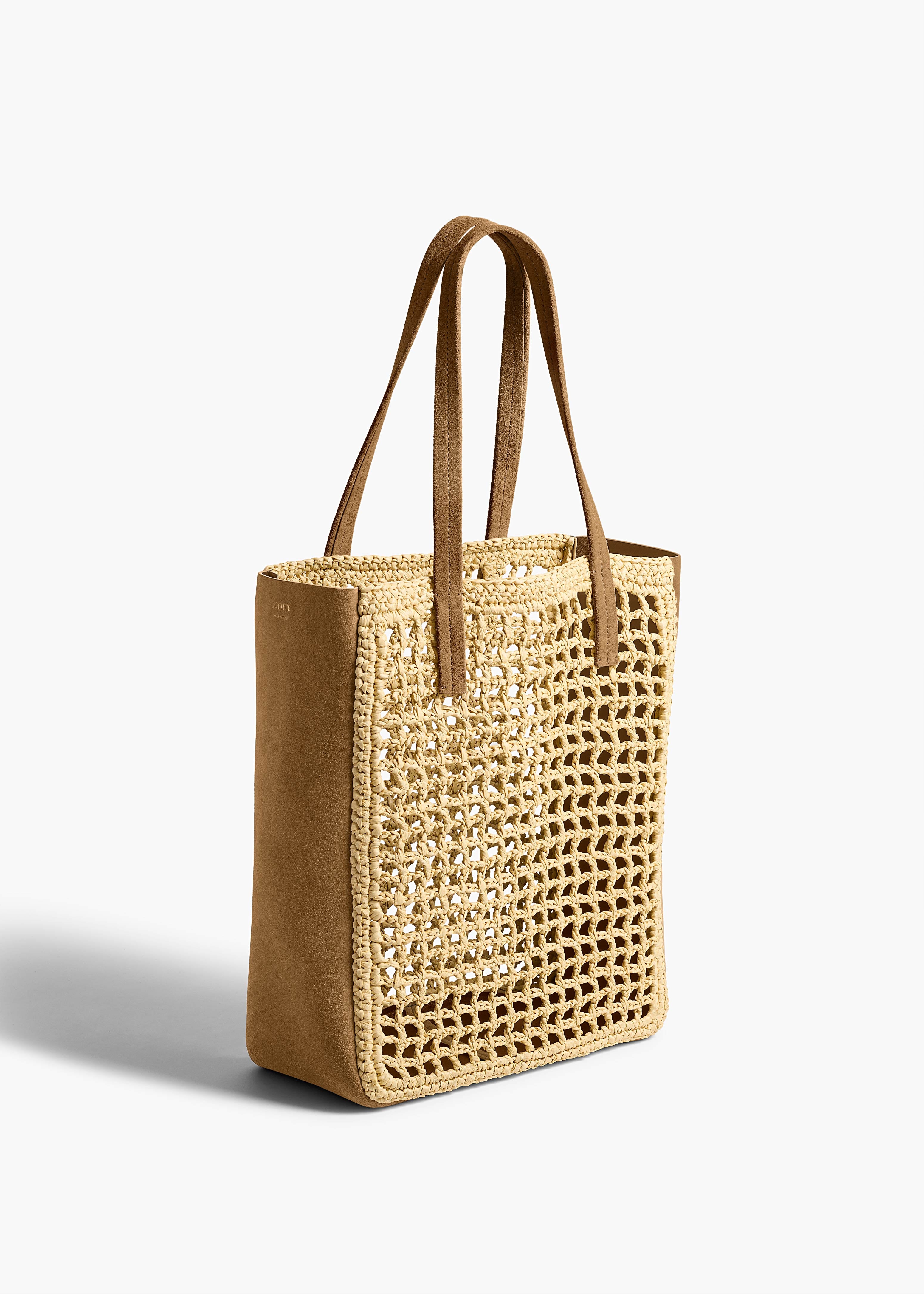 Small Zoe Tote in Natural Raffia with Mud Suede SIDE VIEW