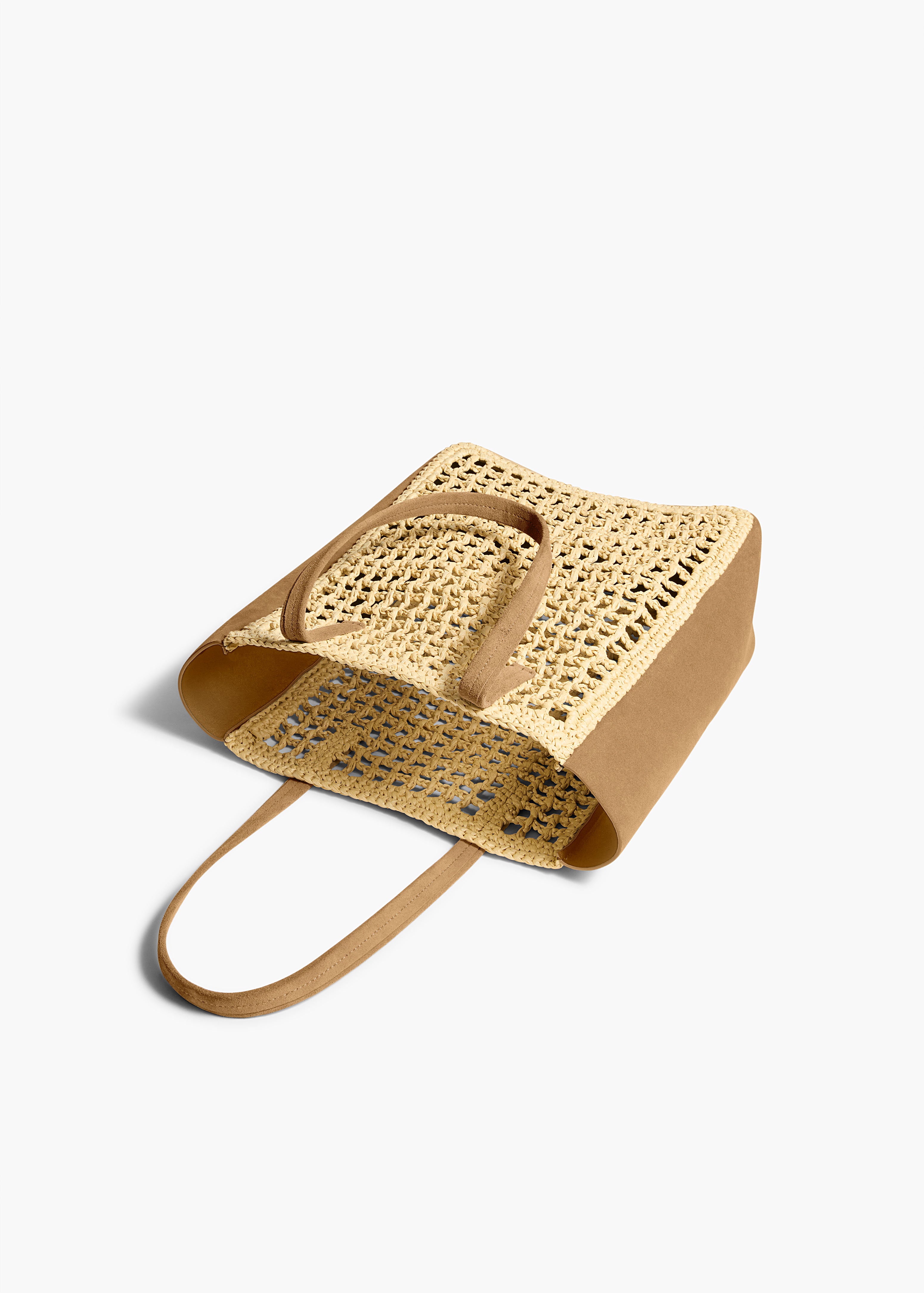 Small Zoe Tote in Natural Raffia with Mud Suede OVERHEAD VIEW