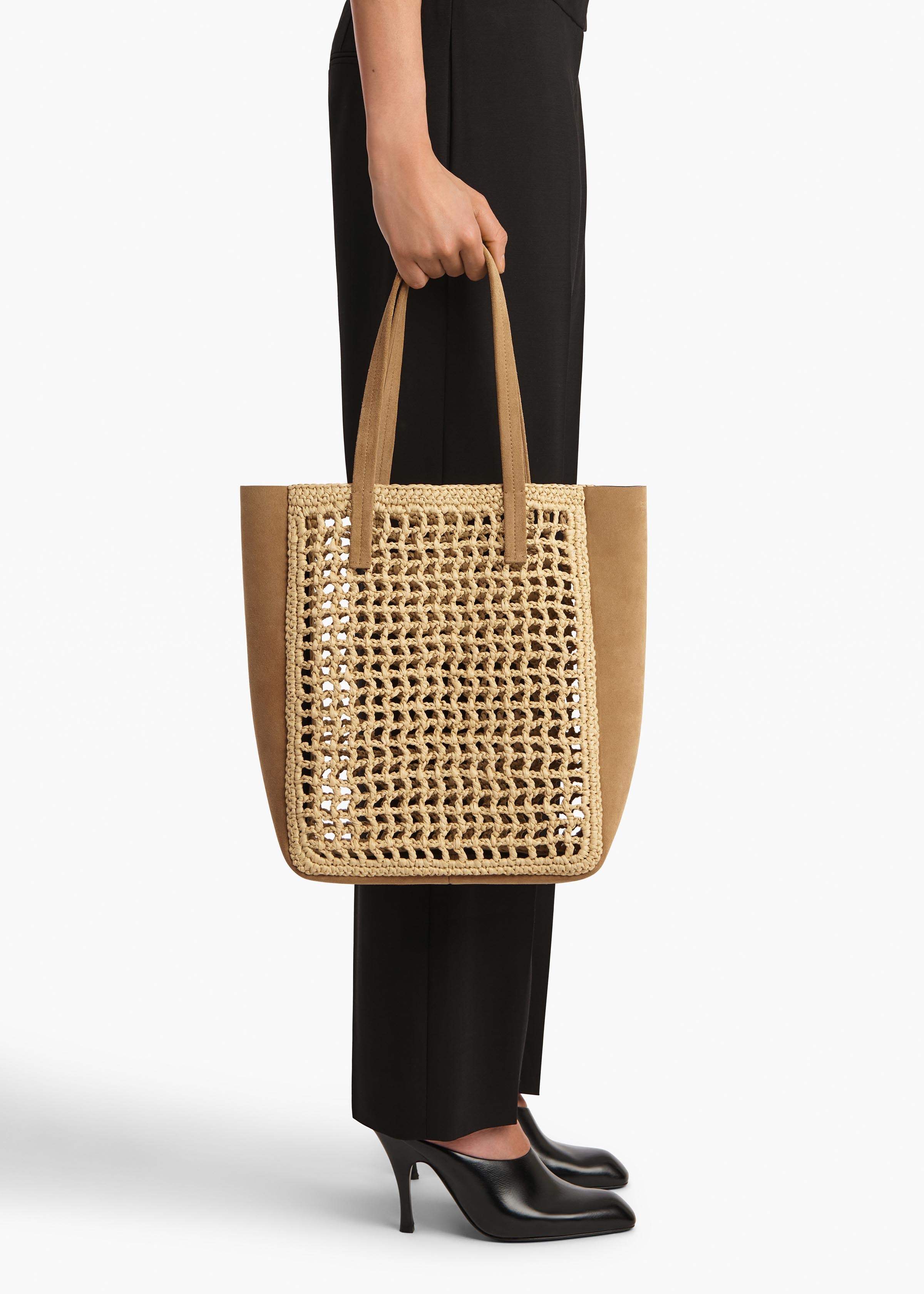 Small Zoe Tote in Natural Raffia with Mud Suede ON FIGURE VIEW