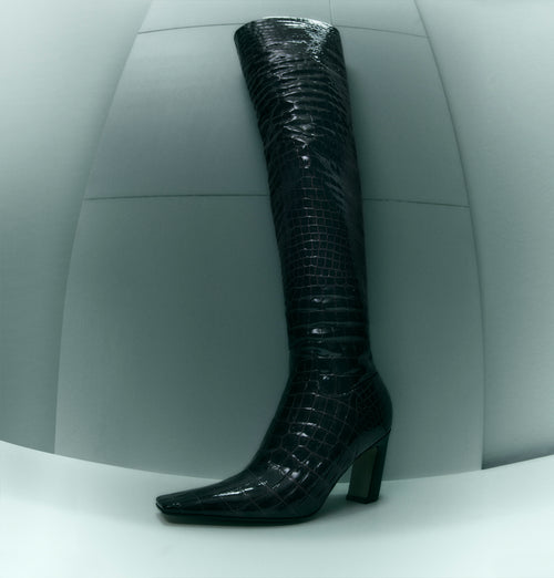 The Marfa Over-the-Knee High Boot in Black Croc-Embossed Leather– KHAITE