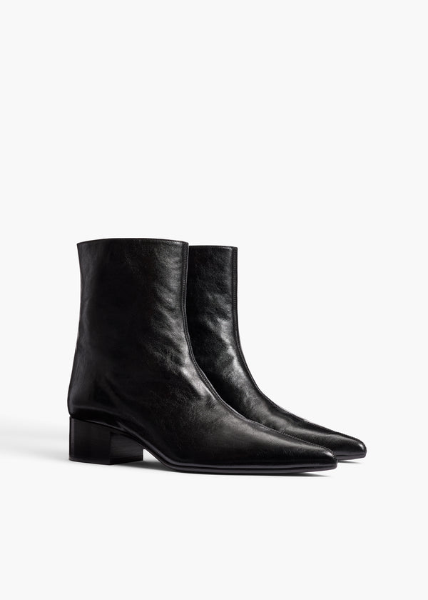 Andee Ankle Boot in Black Glazed Leather ANGLED VIEW