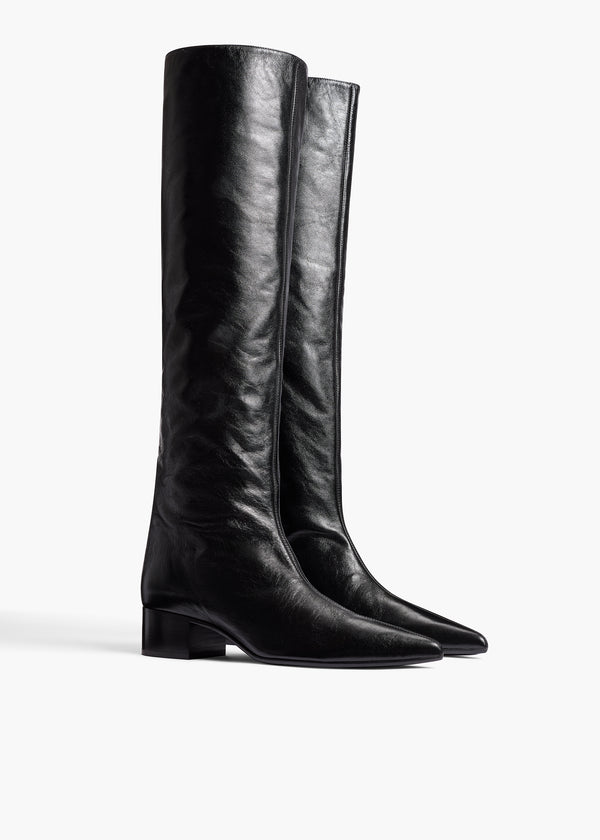 Andee Knee-High Boot in Black Glazed Leather ANGLED VIEW