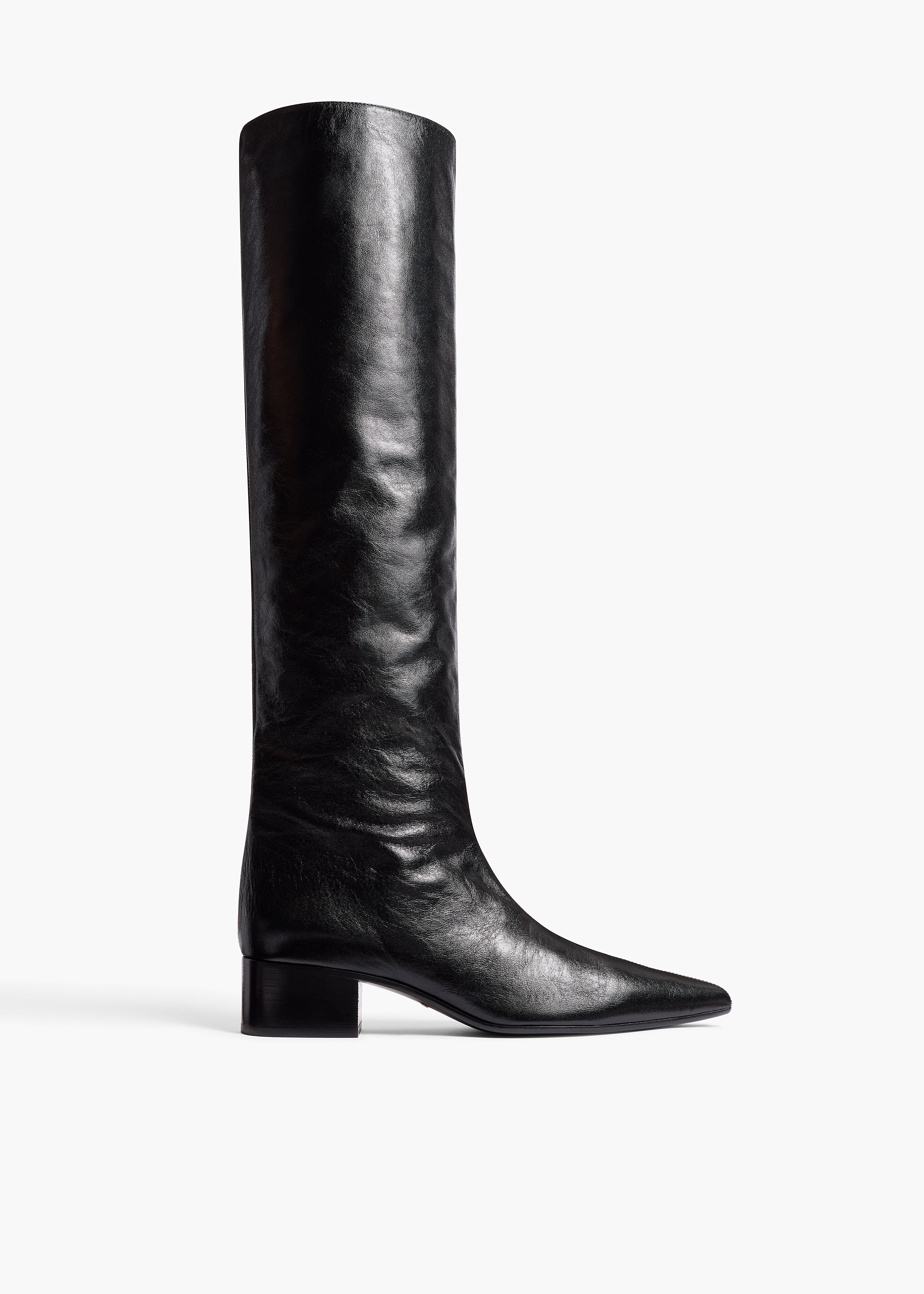 Andee Knee-High Boot in Black Glazed Leather FRONT VIEW