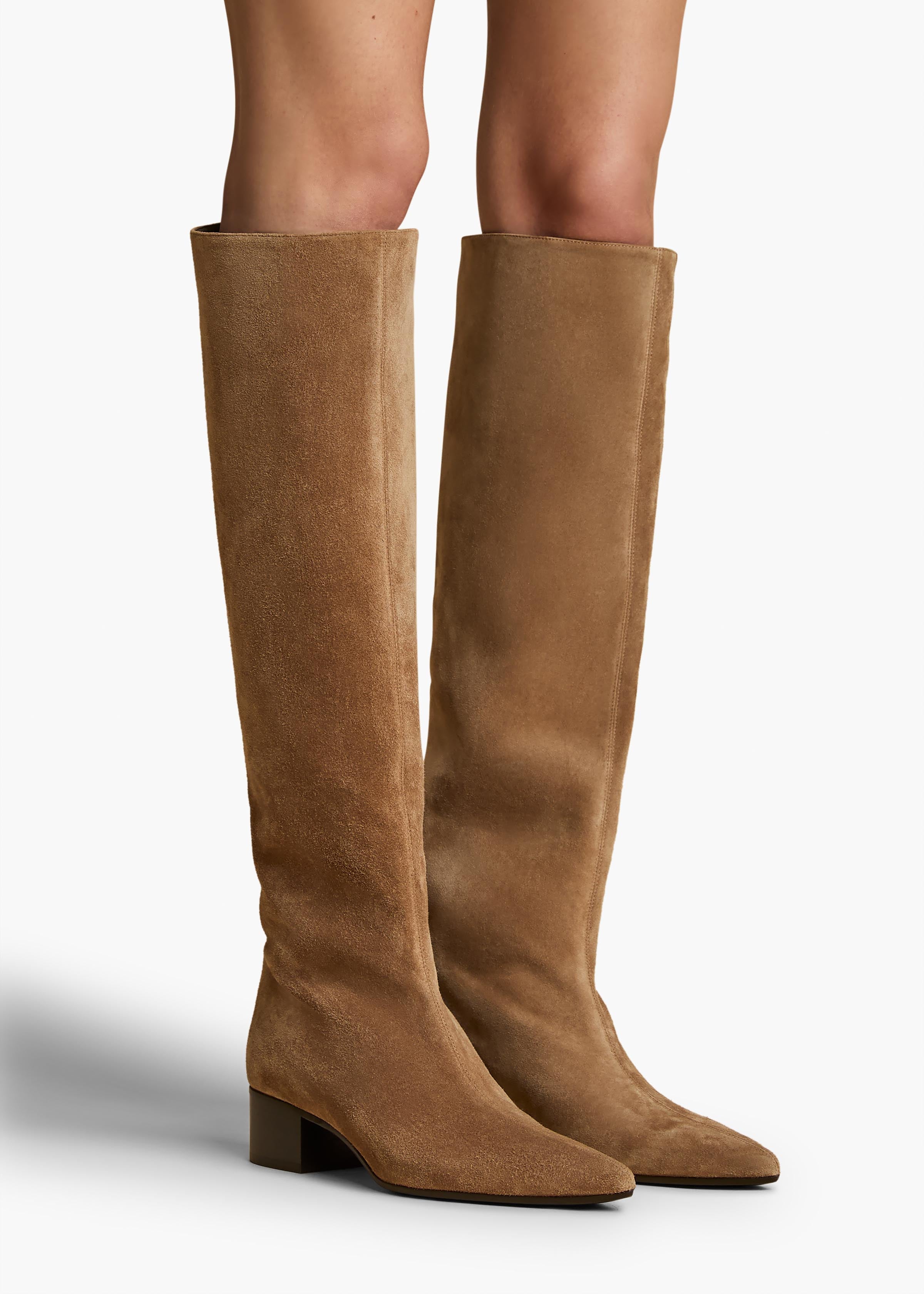 Andee Knee-High Boot in Taupe Suede ON FIGURE