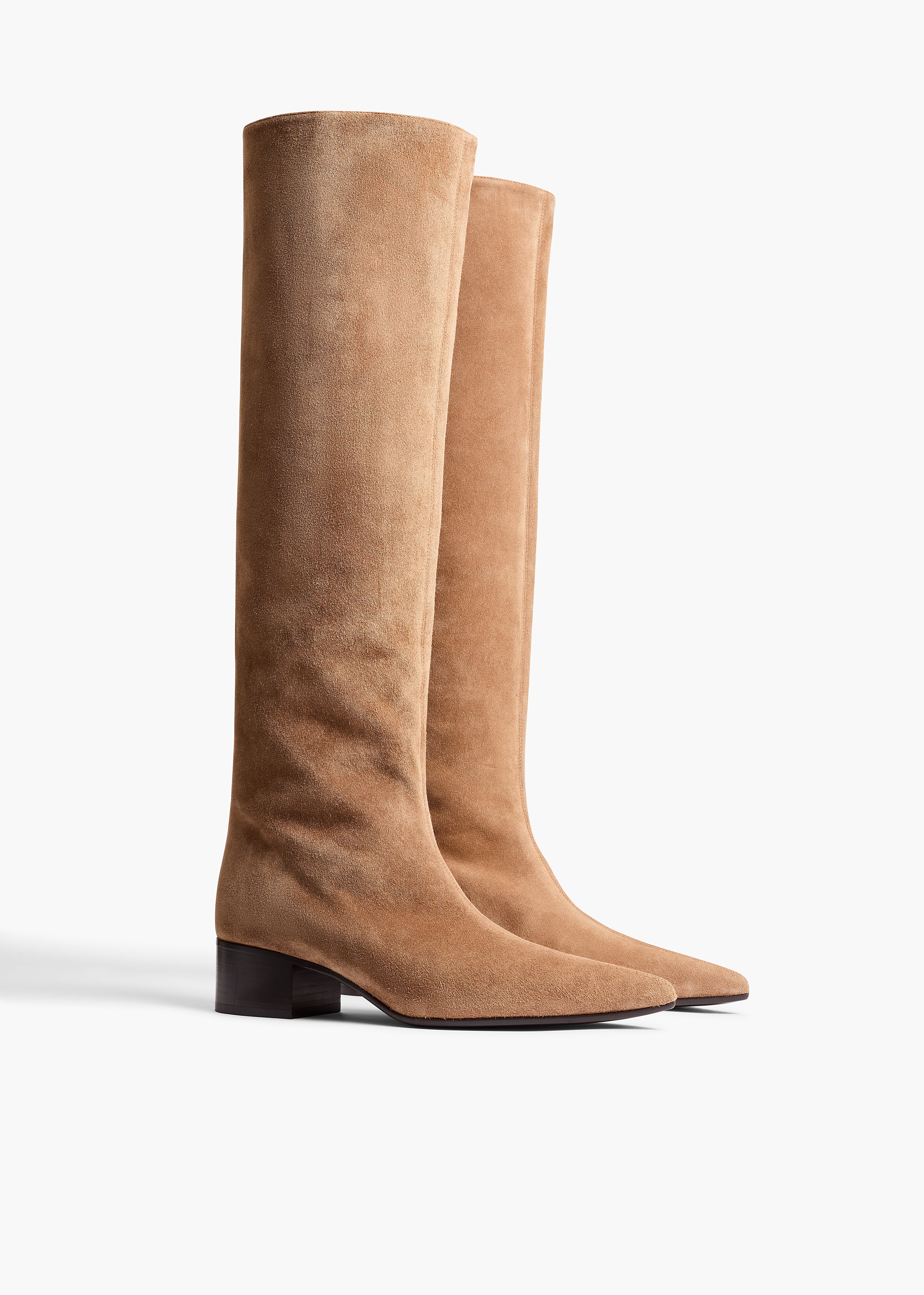 Andee Knee-High Boot in Taupe Suede ANGLED VIEW