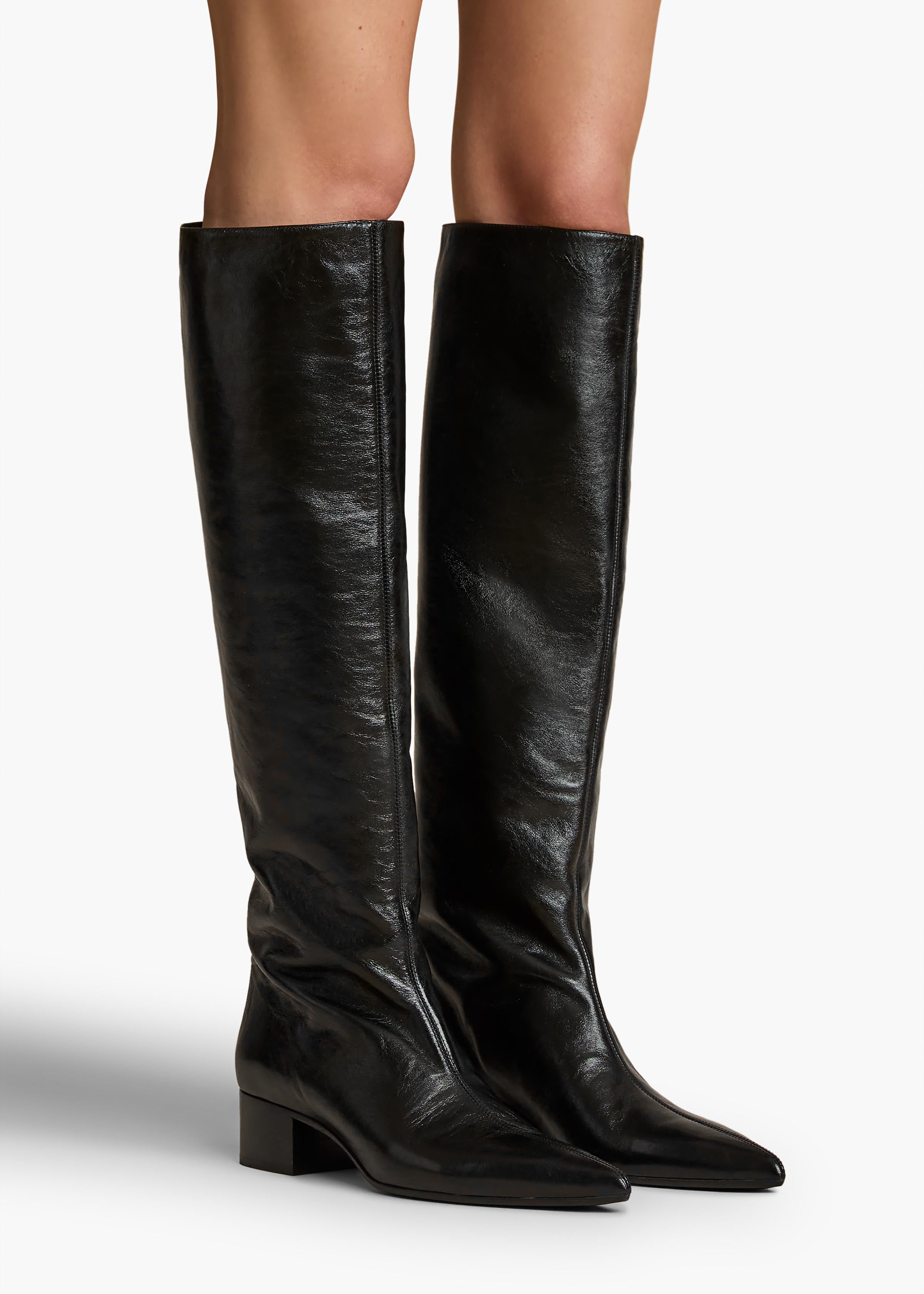 Andee Knee-High Boot in Black Glazed Leather ON FIGURE