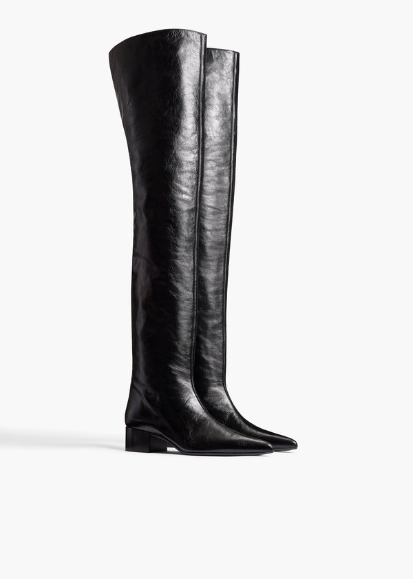 Andee Over-the-Knee Boot in Black Glazed Leather ANGLED VIEW