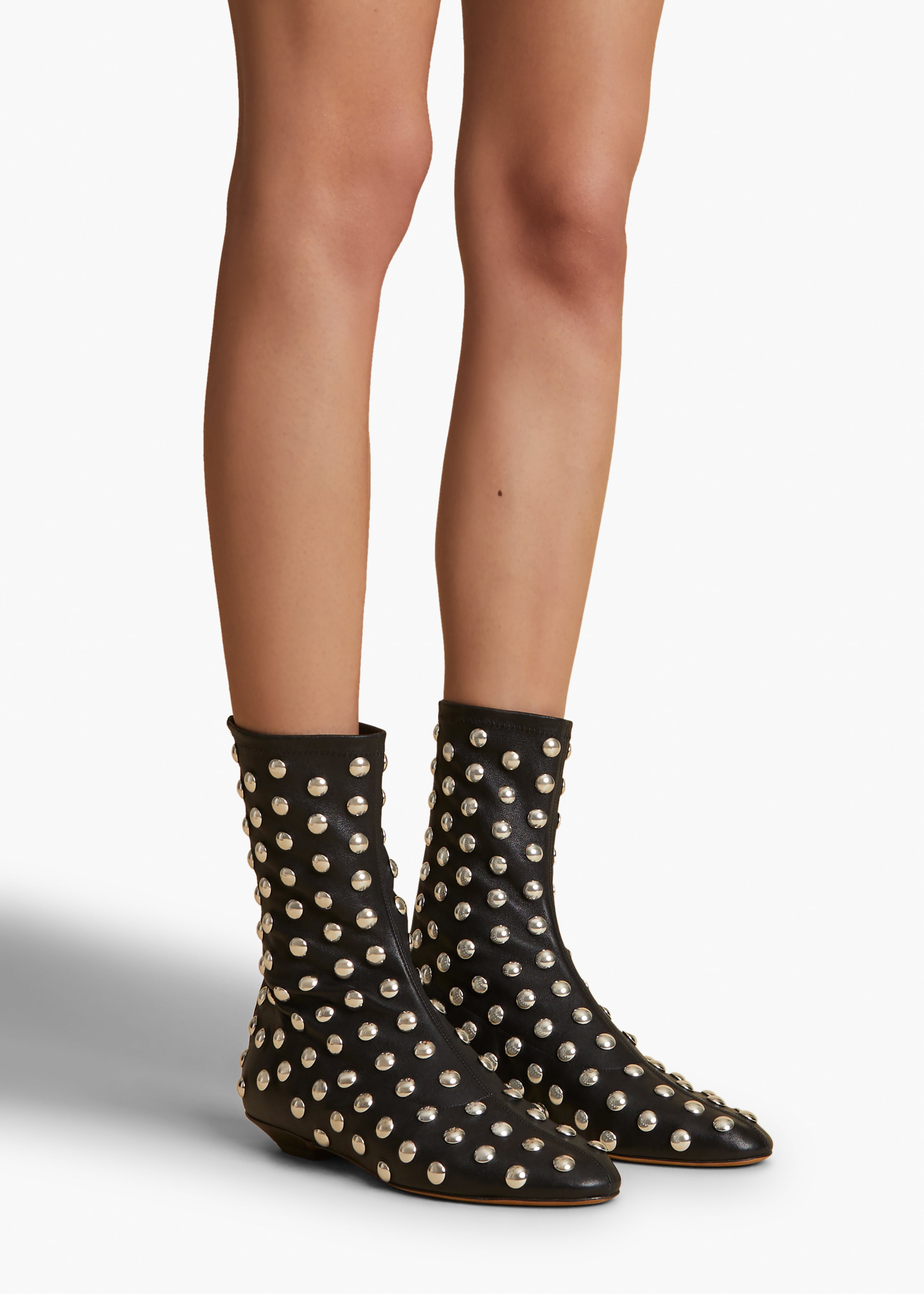 APOLLO FLAT ANKLE BOOT IN BLACK LEATHER WITH STUDS STYLED VIEW