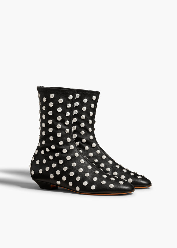 APOLLO FLAT ANKLE BOOT IN BLACK LEATHER WITH STUDS ANGLED VIEW