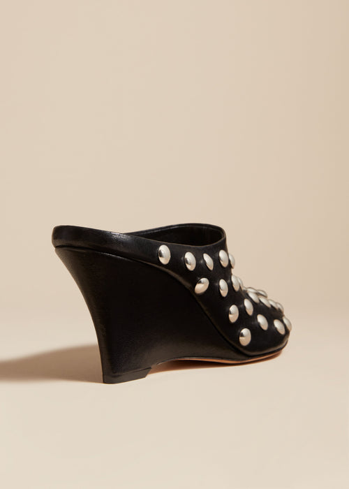 The Apollo Wedge Mule in Black Leather with Studs