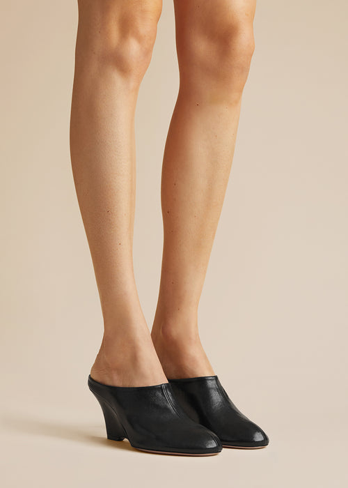 The Apollo Wedge Mule in Black Leather