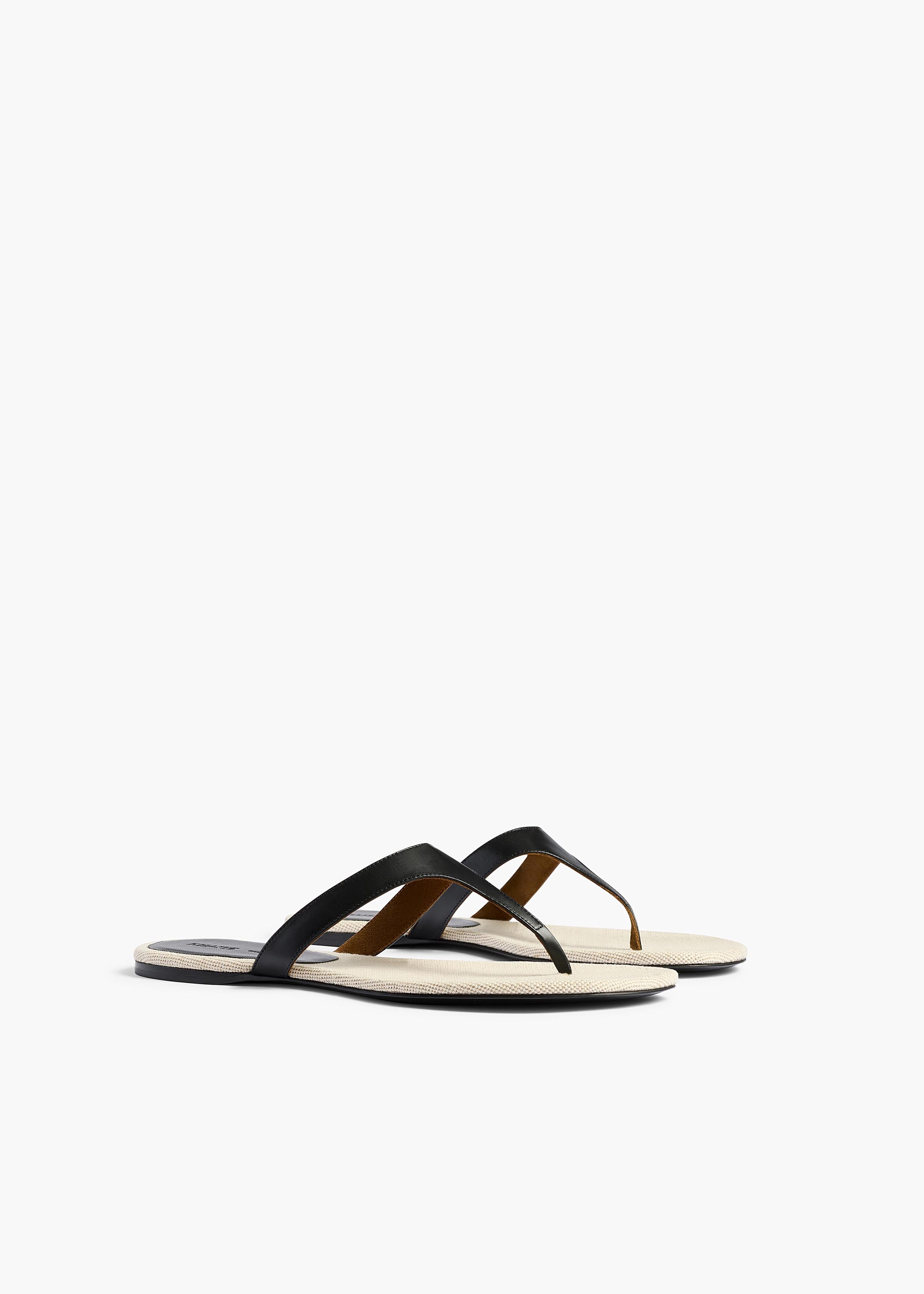 Archer Flat Sandal in Black Leather and Natural Canvas