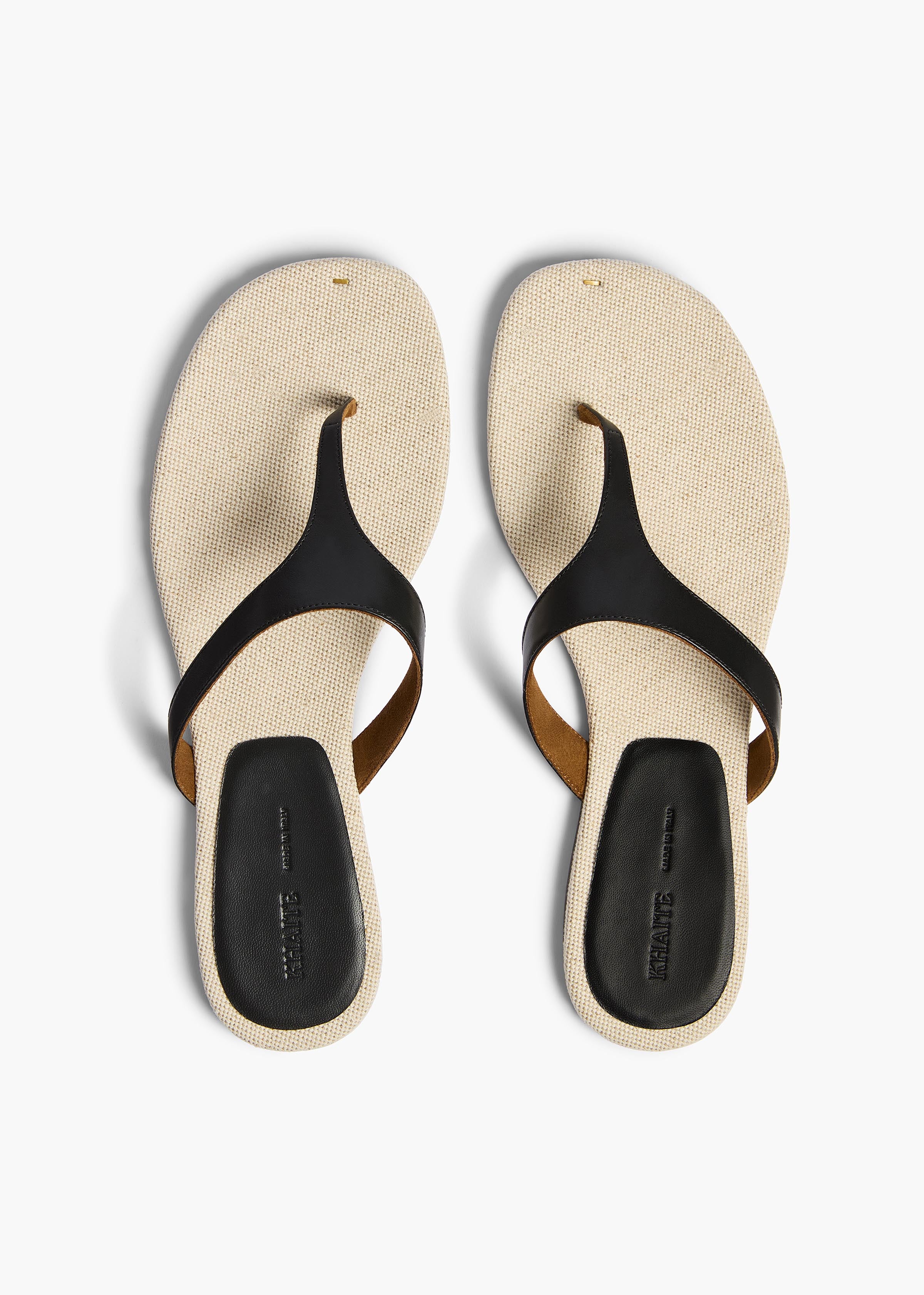 Archer Flat Sandal in Black Leather and Natural Canvas