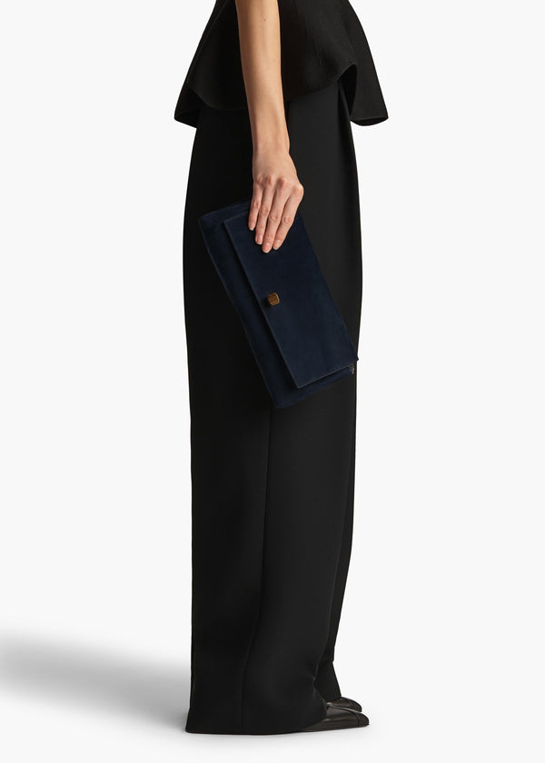  Audrey Clutch in Midnight Suede ON FIGURE
