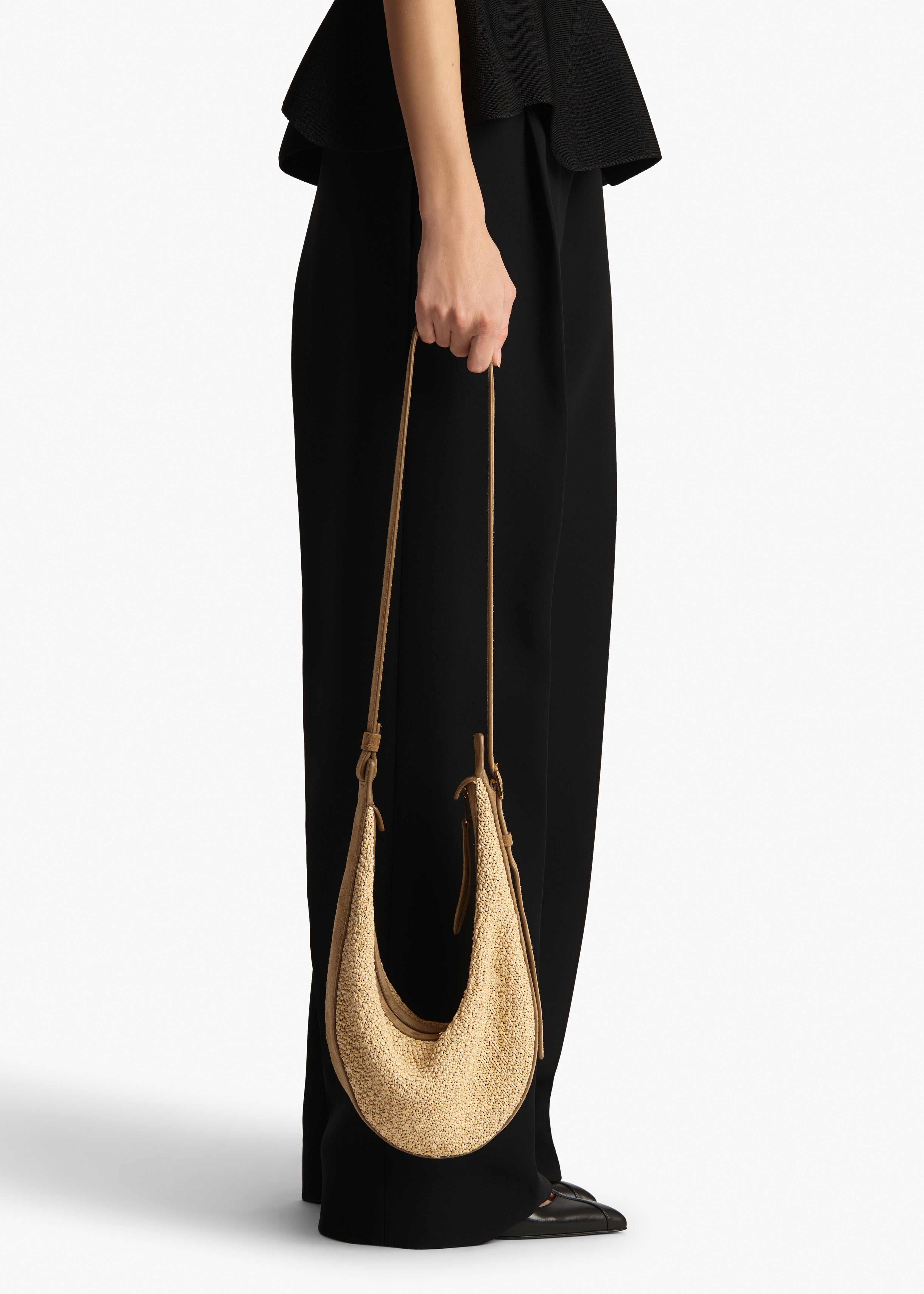 Small Augustina Crossbody Bag in Wheat Suede and Natural Raffia