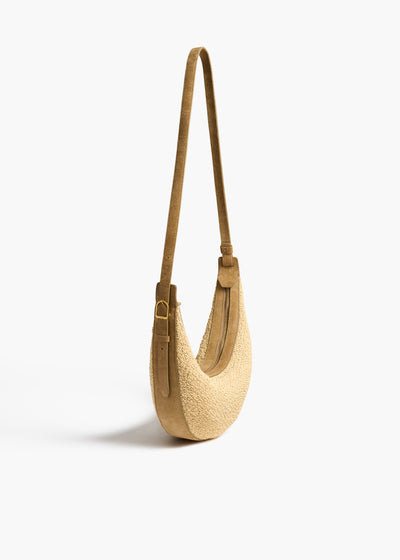 Small Augustina Crossbody Bag in Wheat Suede and Natural Raffia SIDE VIEW
