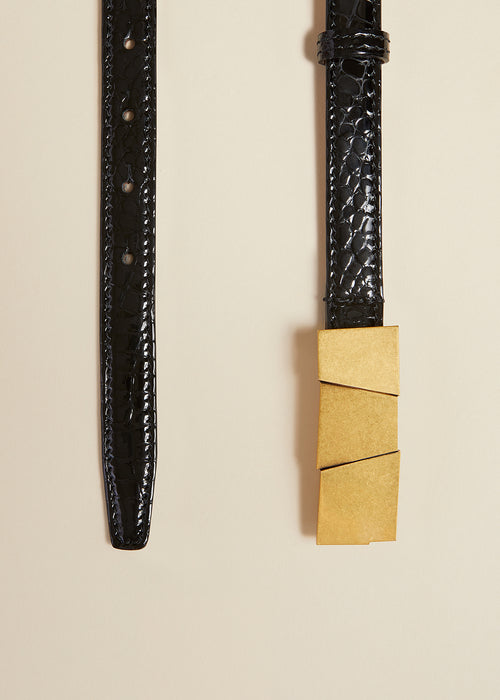 The Small Axel Belt in Black Croc-Embossed Leather with Gold