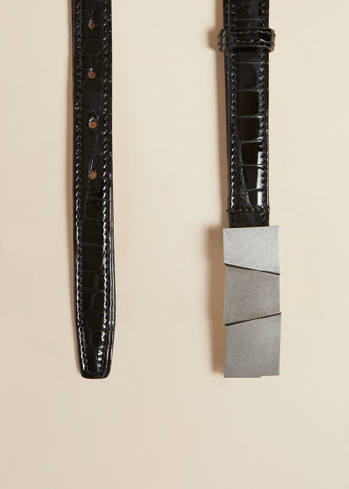 The Small Axel Belt in Black Croc-Embossed Leather with Silver