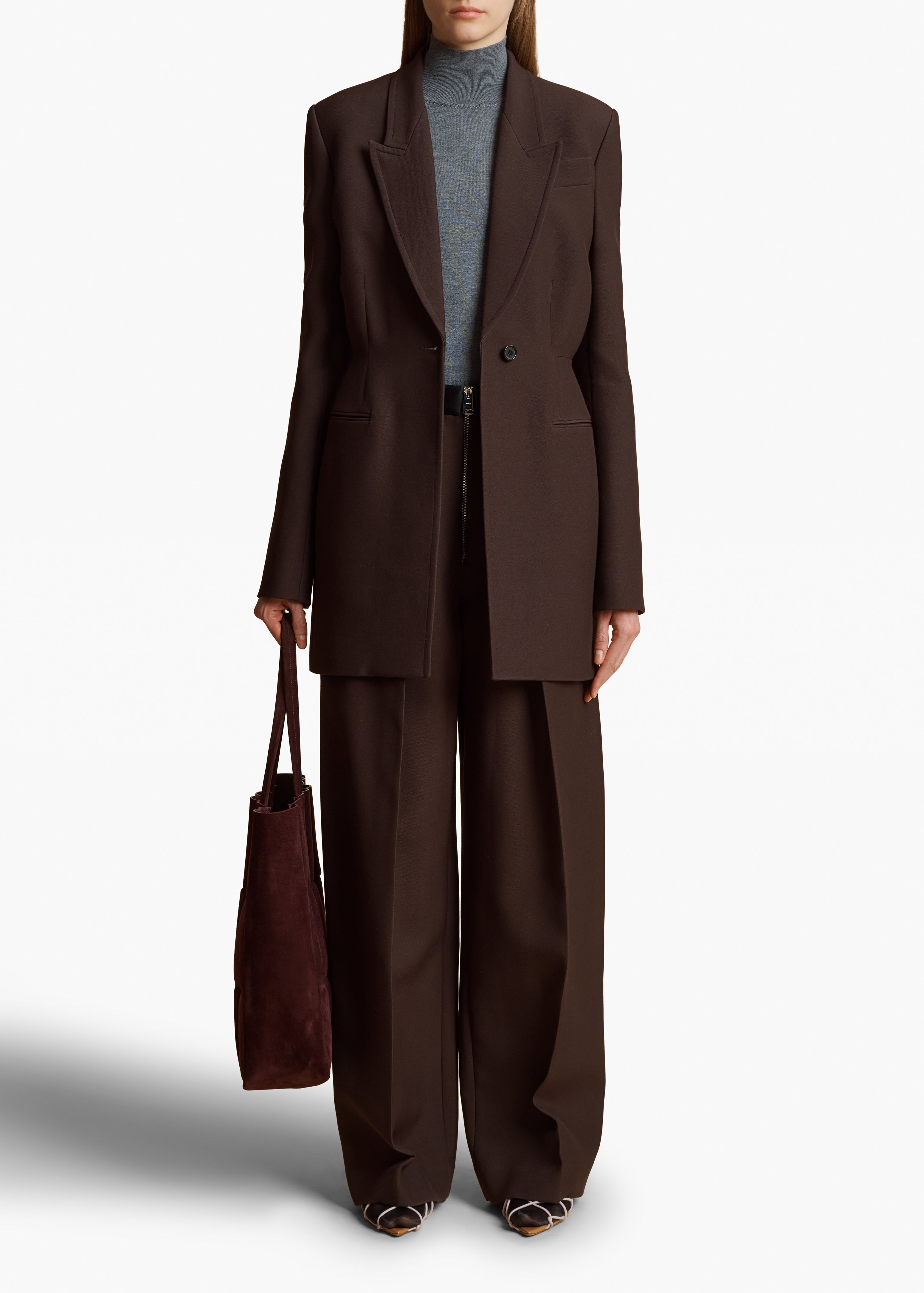 BECKETT BLAZER IN DARK BROWN STYLED VIEW