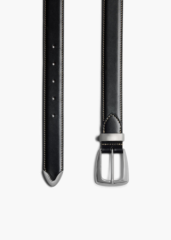 Benny Belt in Black Leather and Off-White Stitching with Silver DETAILED VIEW 1