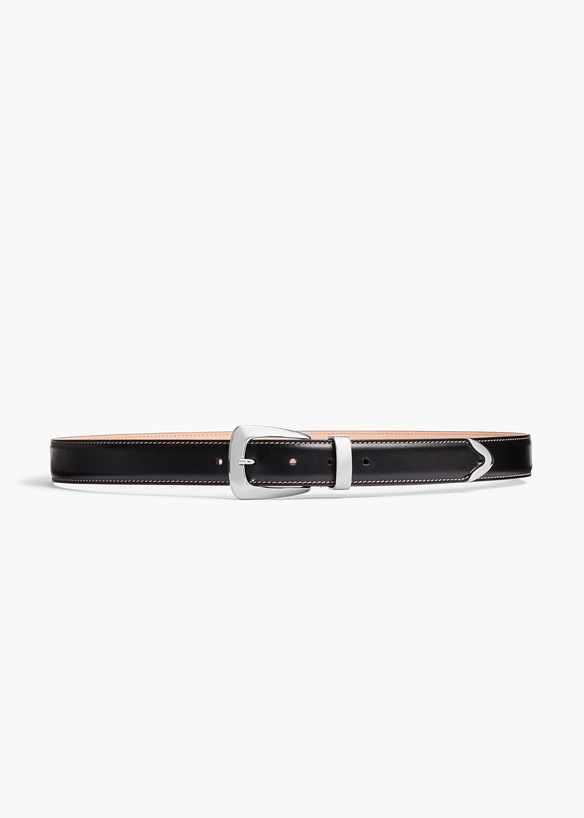 Benny Belt in Black Leather and Off-White Stitching with Silver FRONT VIEW