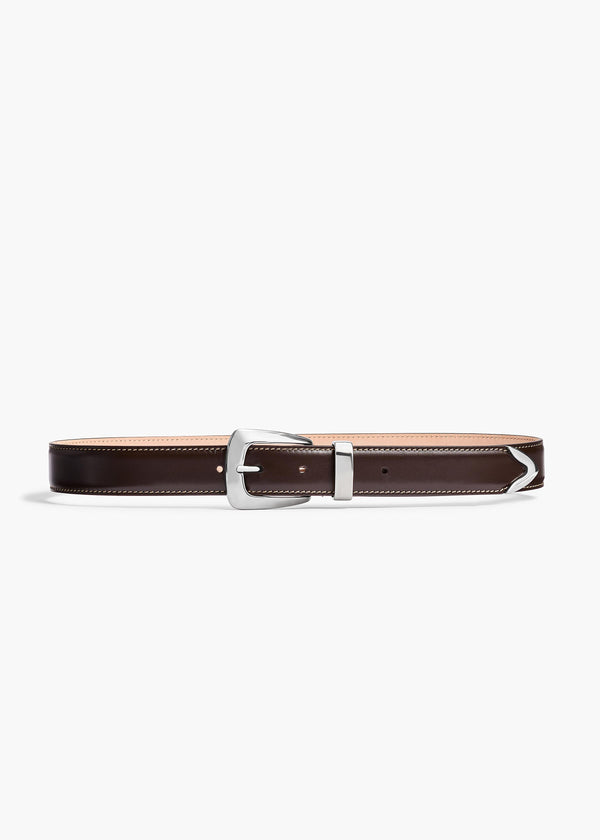 Benny Belt in Dark Brown Leather and Off-White Stitching with Silver FRONT VIEW