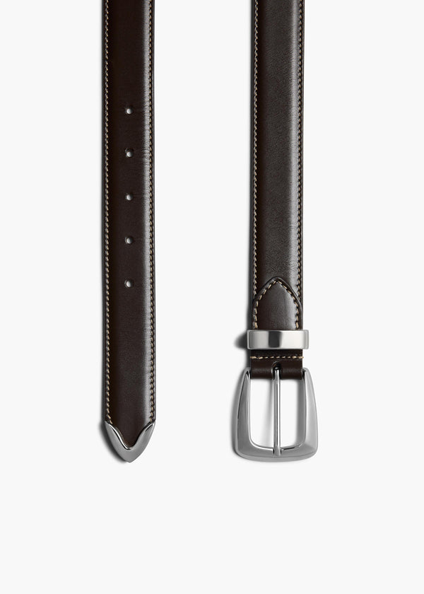 Benny Belt in Dark Brown Leather and Off-White Stitching with Silver DETAILED VIEW 1