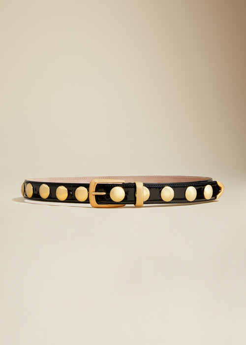 The Benny Belt in Black Patent Leather with Gold Studs