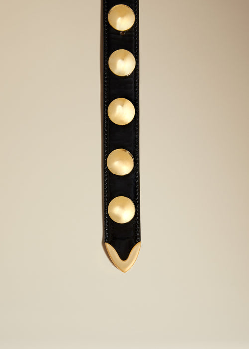 The Benny Belt in Black Patent Leather with Gold Studs