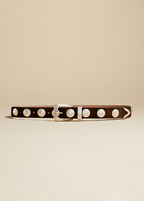 The Benny Belt in Coffee Suede with Silver Studs