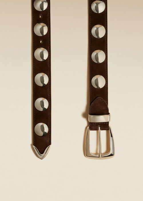 The Benny Belt in Coffee Suede with Silver Studs