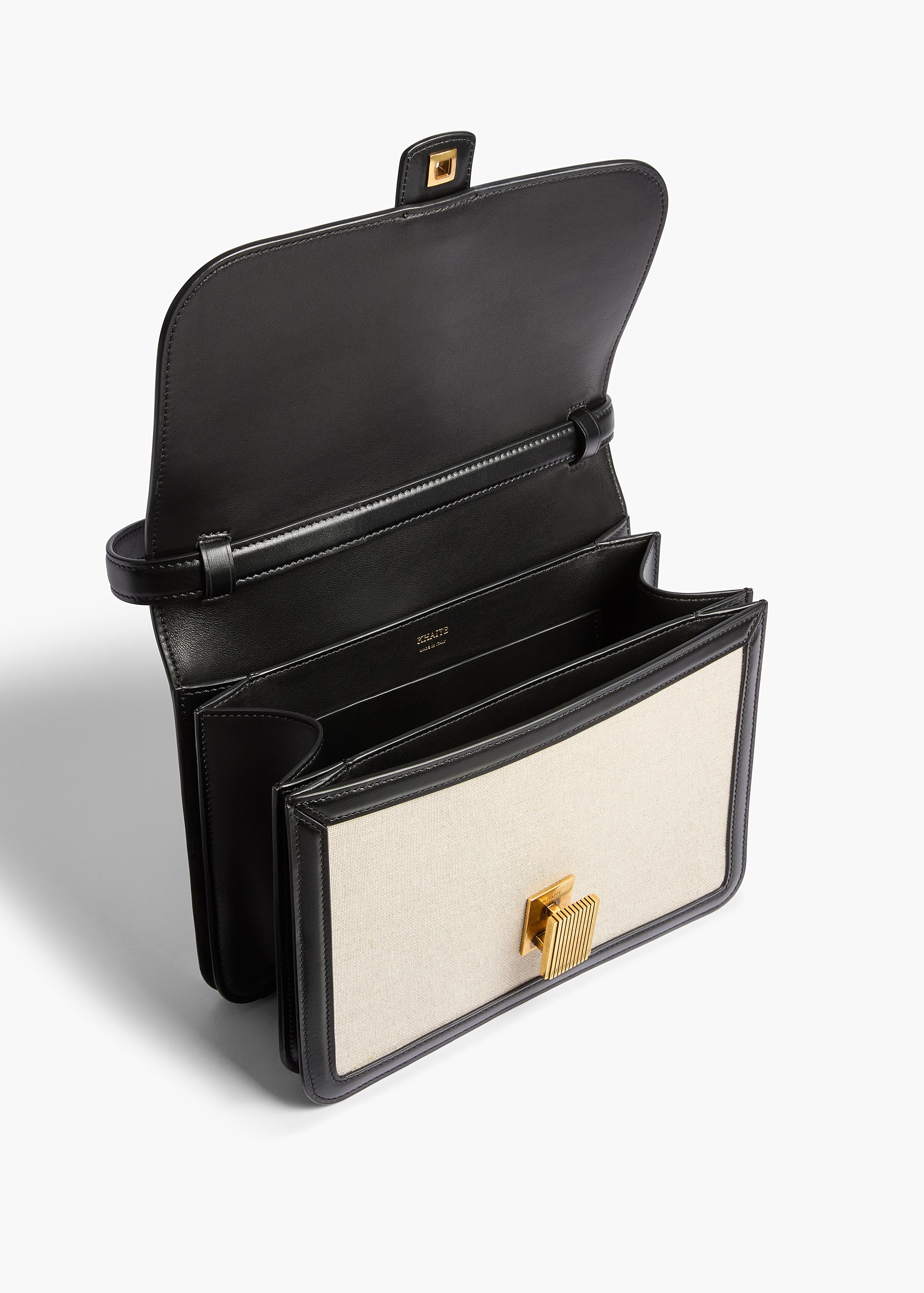 Blake Crossbody Bag in Black Leather and Natural Canvas
