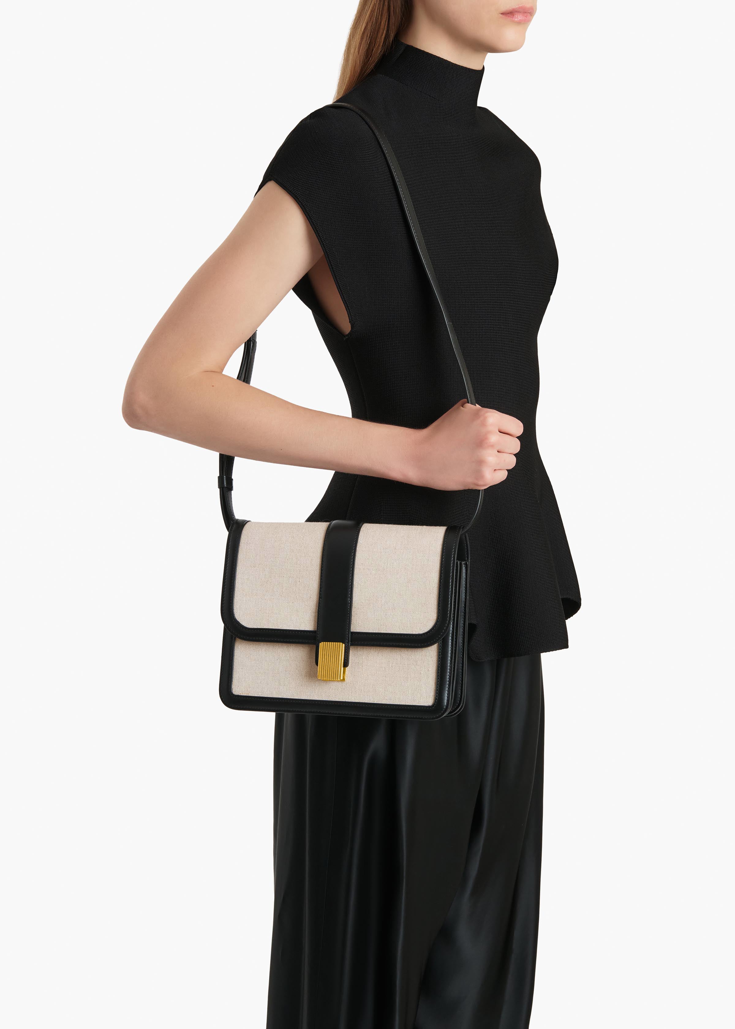 Blake Crossbody Bag in Black Leather and Natural Canvas