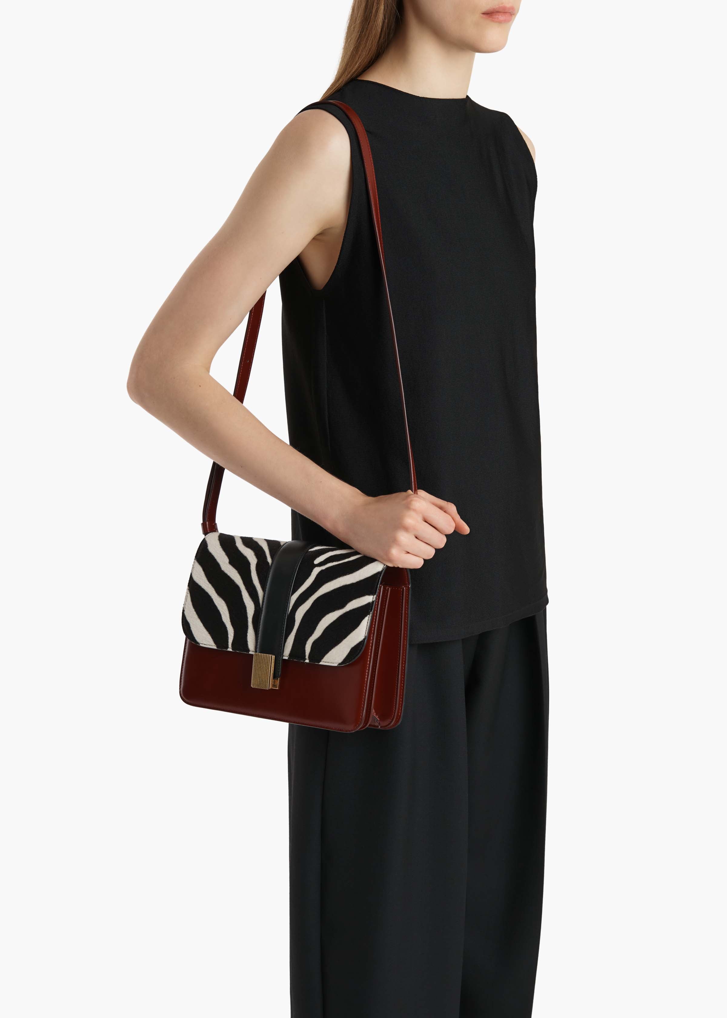 Blake Crossbody Bag in Zebra Print Haircalf and Oxblood Leather