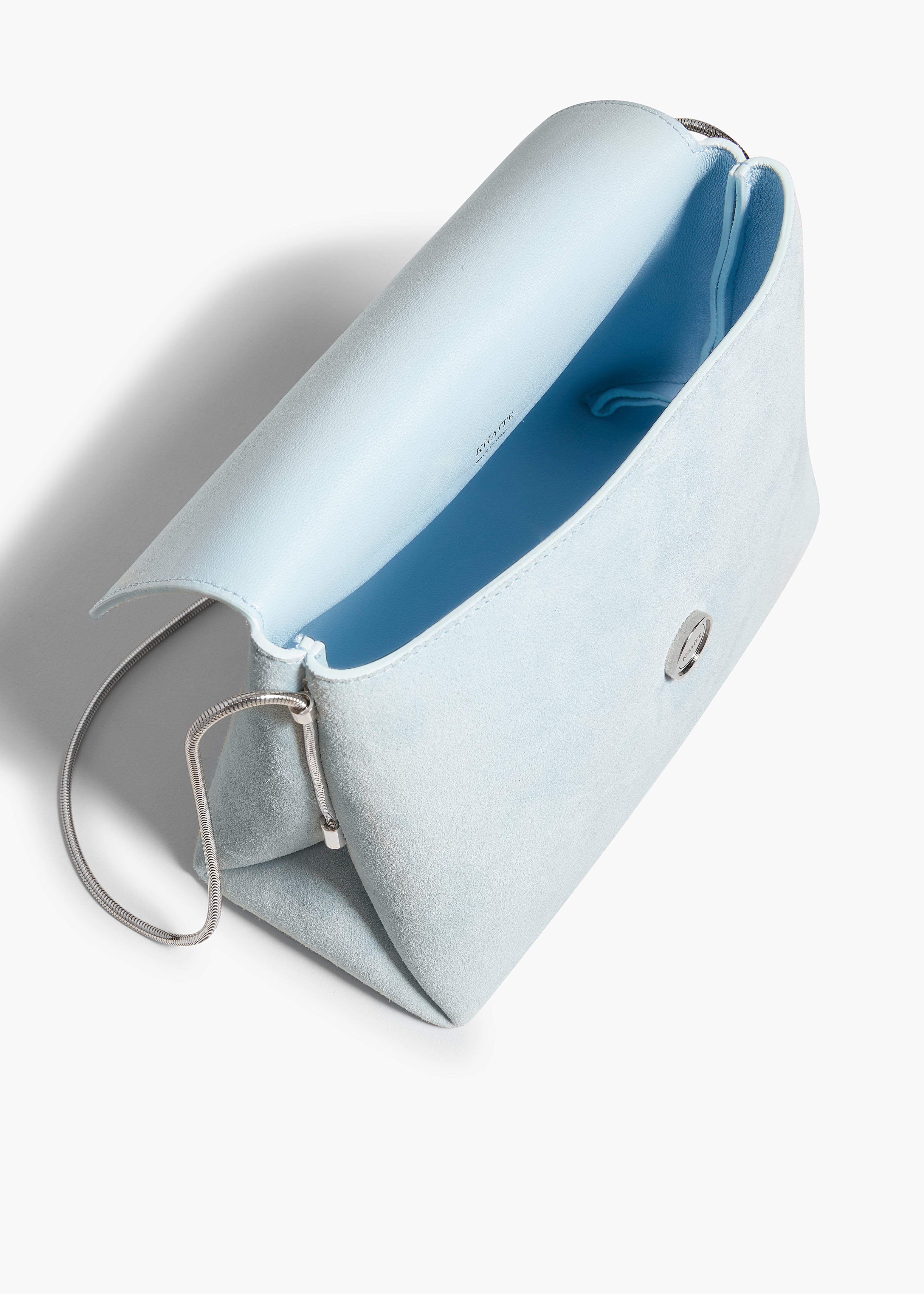 BOBBI HANDBAG IN BABY BLUE SUEDE OVERHEAD VIEW