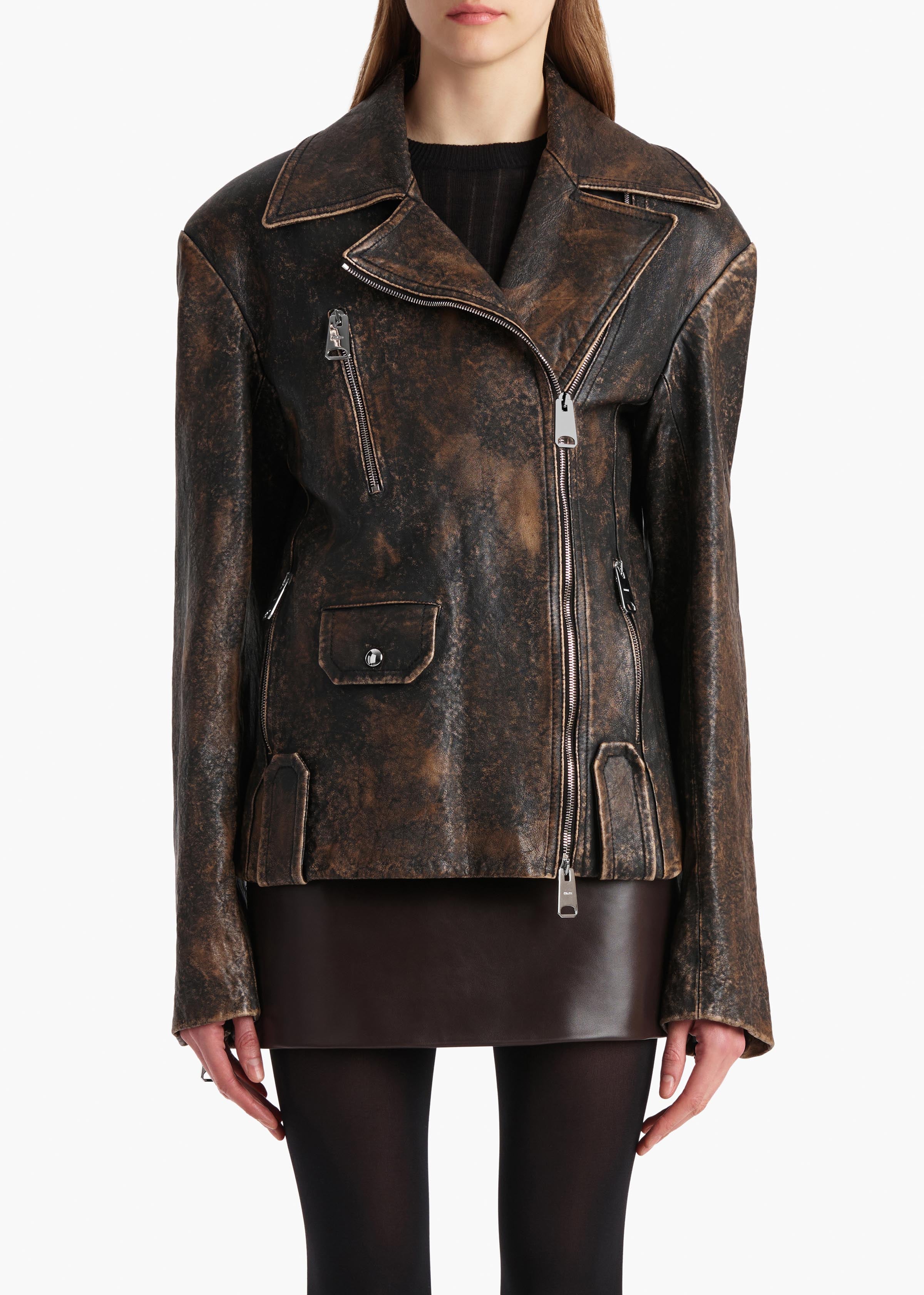 70s ★Catalina derbyjacket brown★36 Catalina Jacket in Black and Natural Distressed Leather – KHAITE