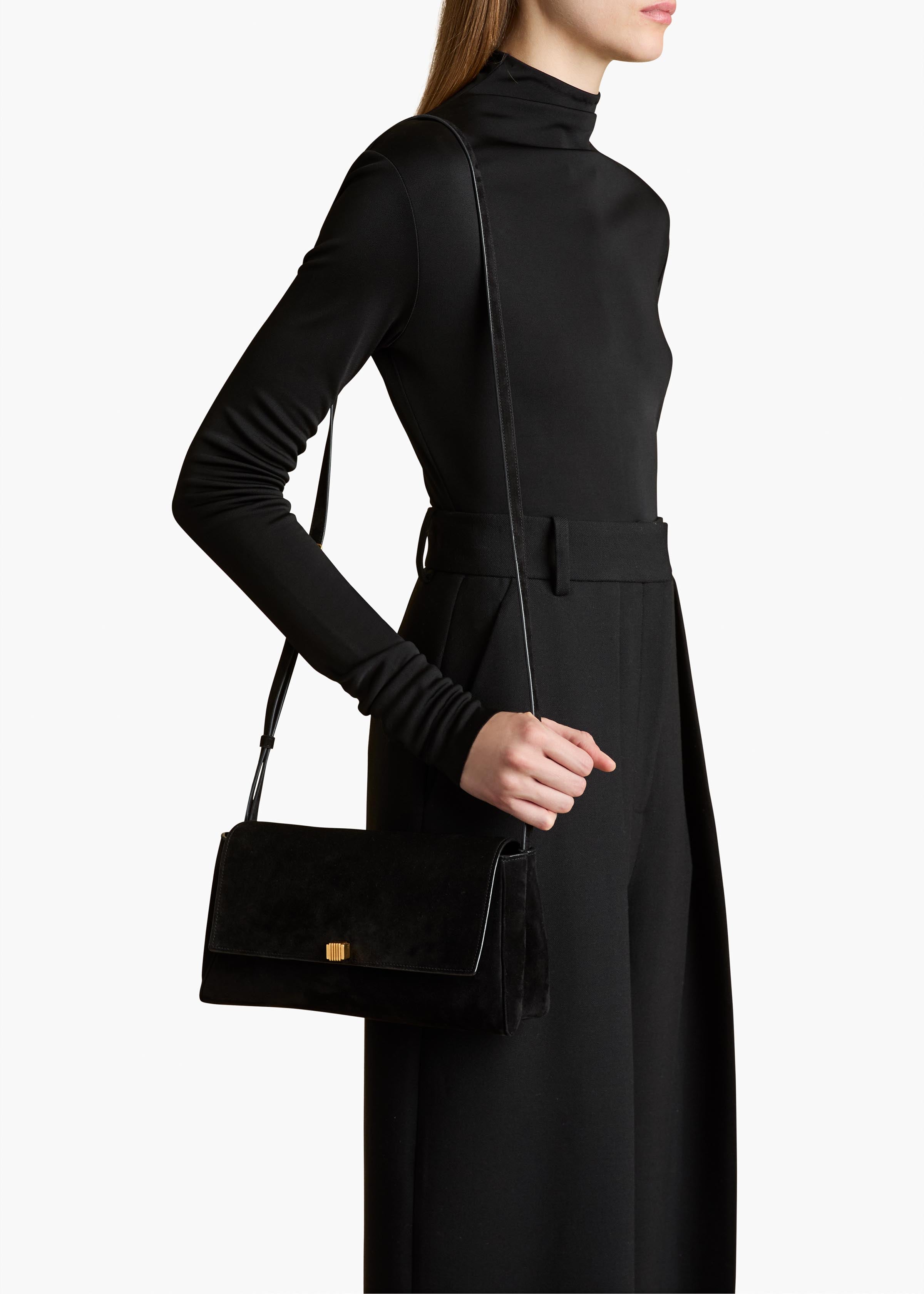 Audrey Crossbody Bag in Black Suede ON FIGURE