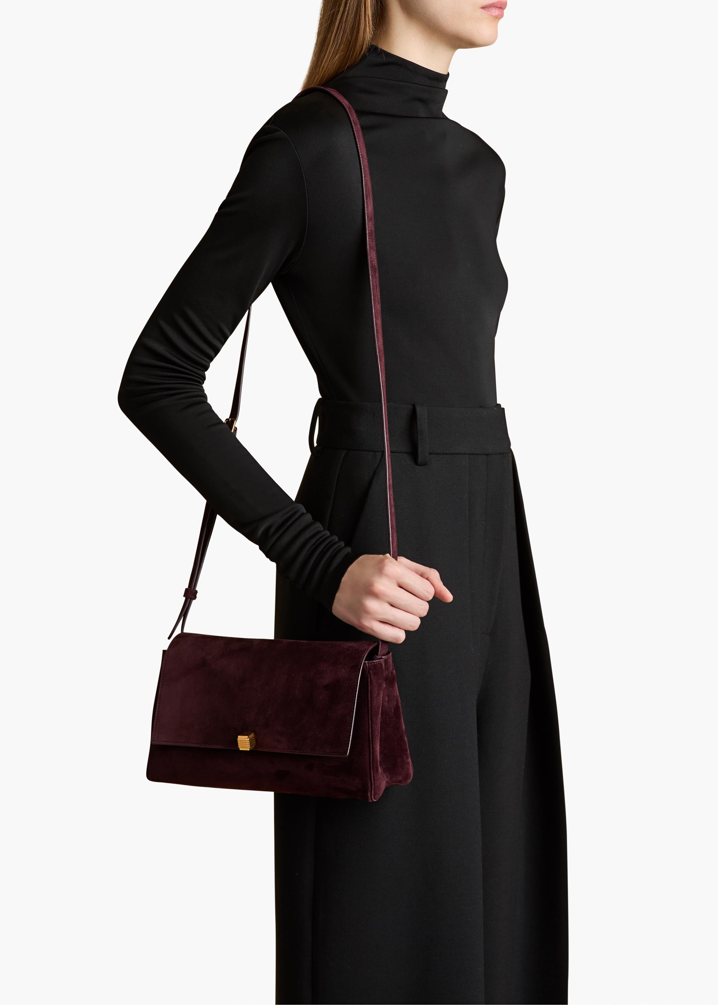 Audrey Crossbody Bag in Eggplant Suede ON FIGURE