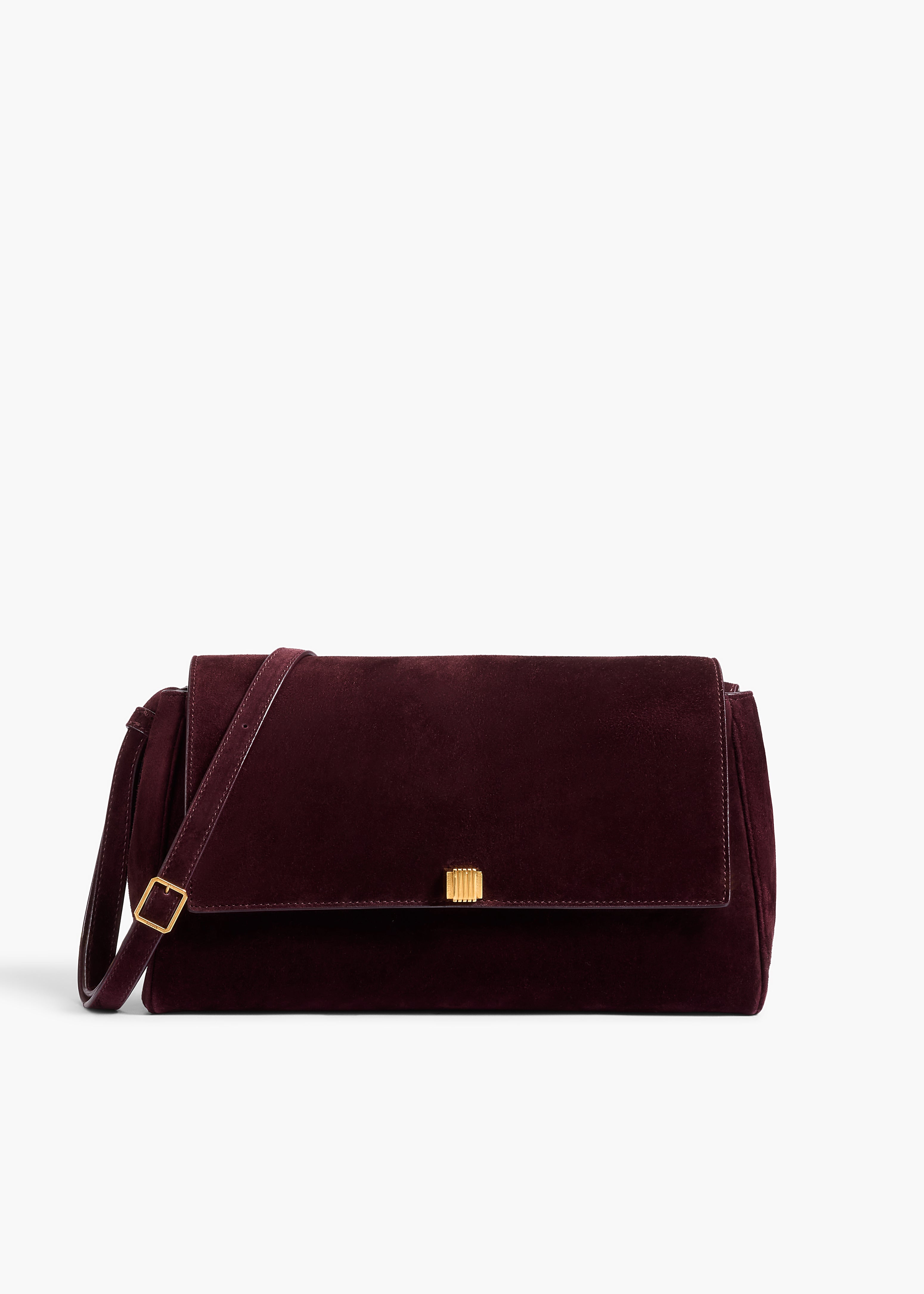 Audrey Crossbody Bag in Eggplant Suede FRONT VIEW