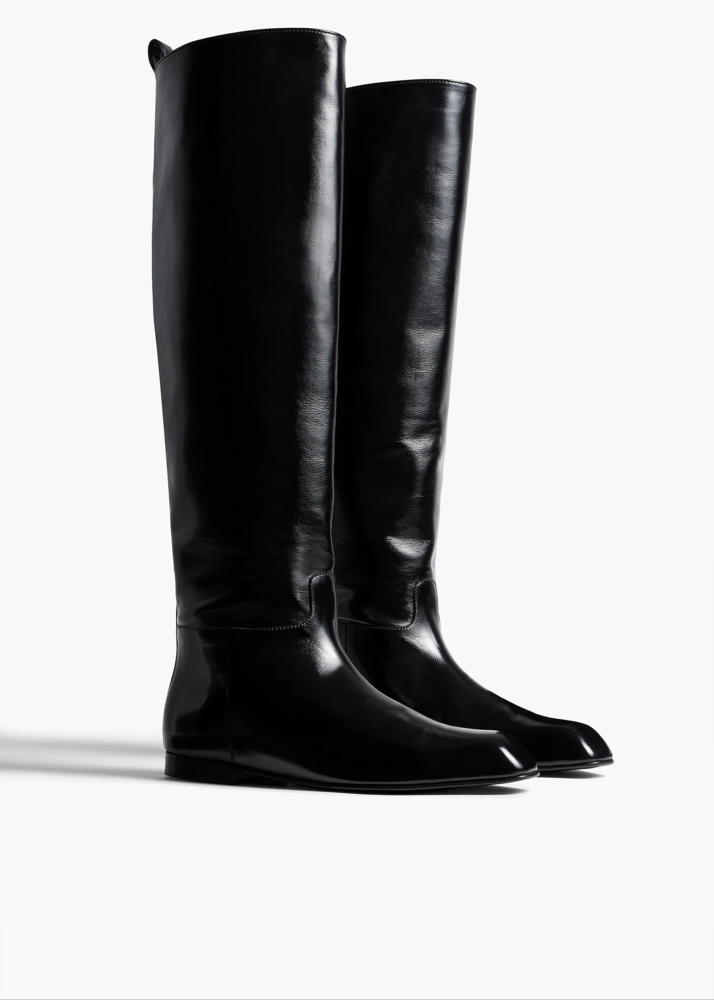 Colt Knee-High Boot in Black Glazed Leather ANGLED VIEW