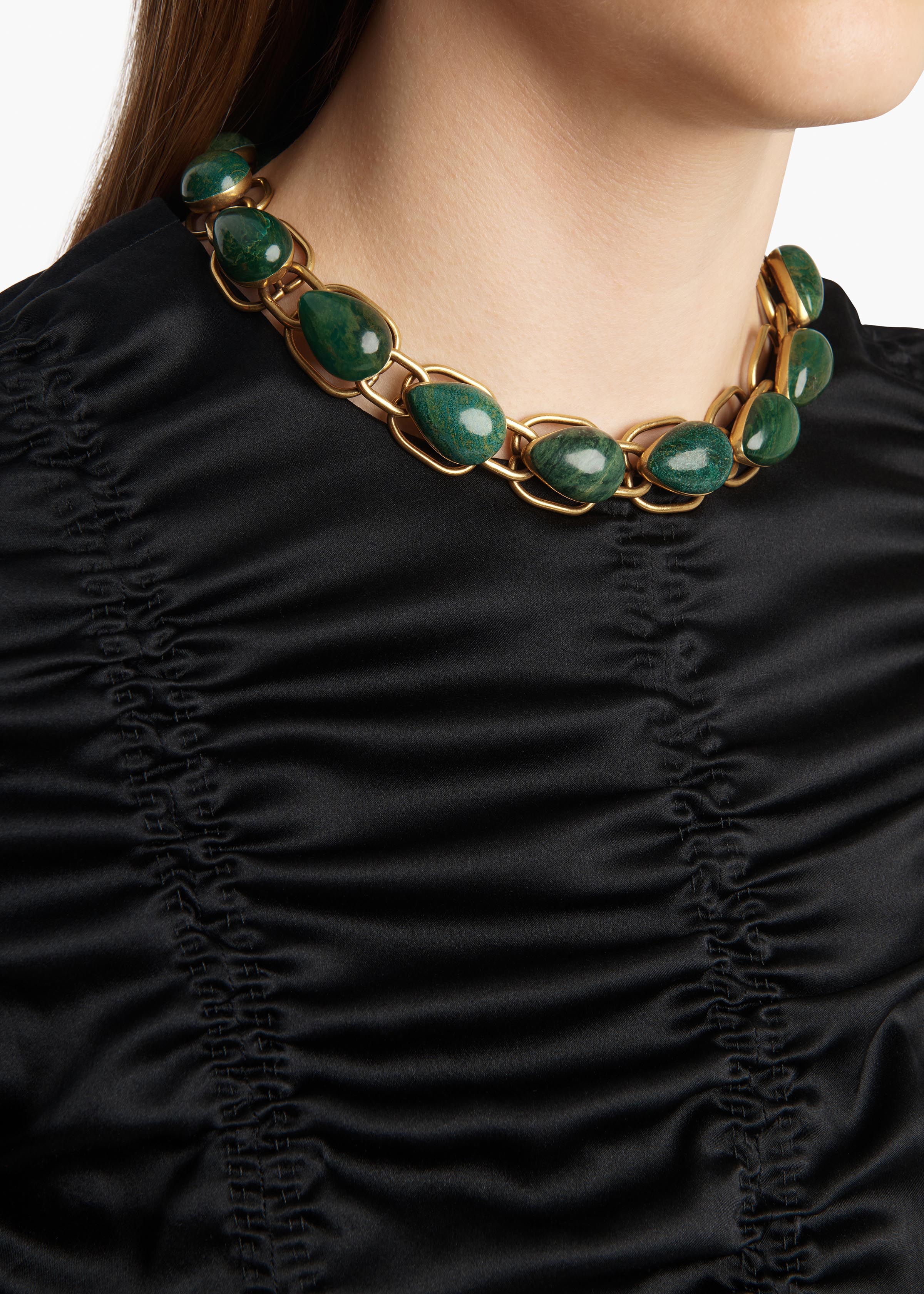 Cyclone Chain Necklace in Antique Gold with Green