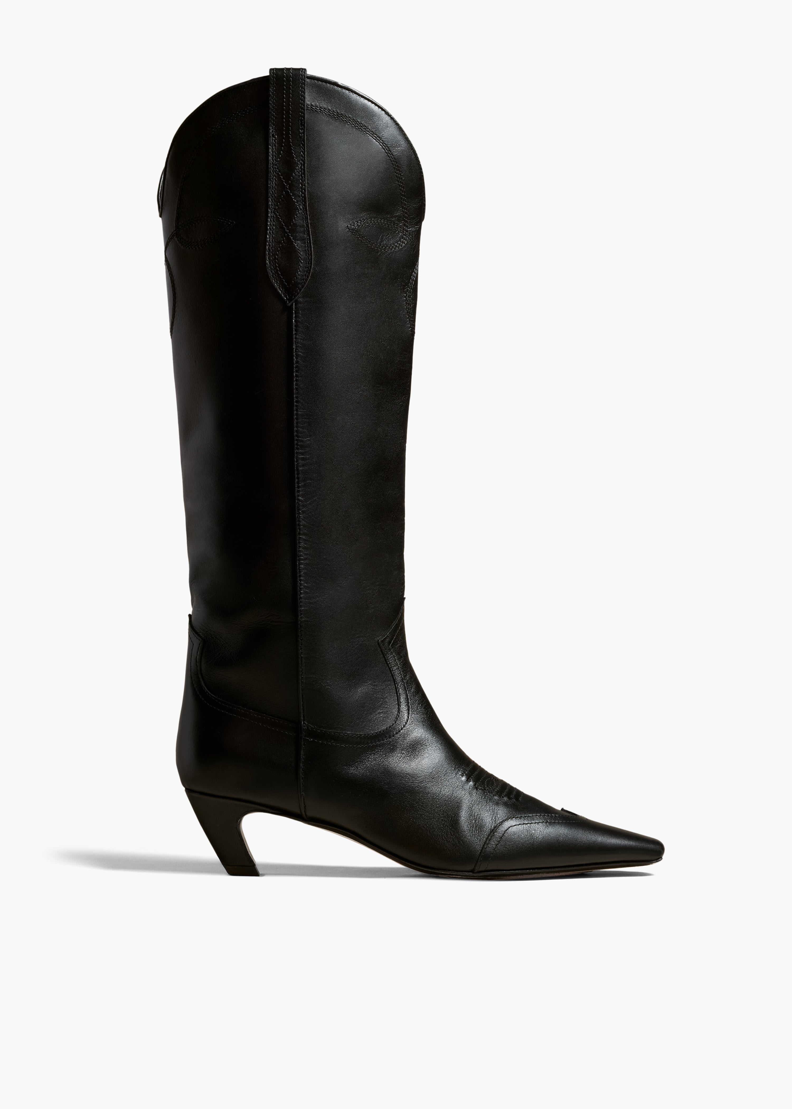 THE DALLAS KNEE HIGH BOOT IN BLACK LEATHER FRONT VIEW