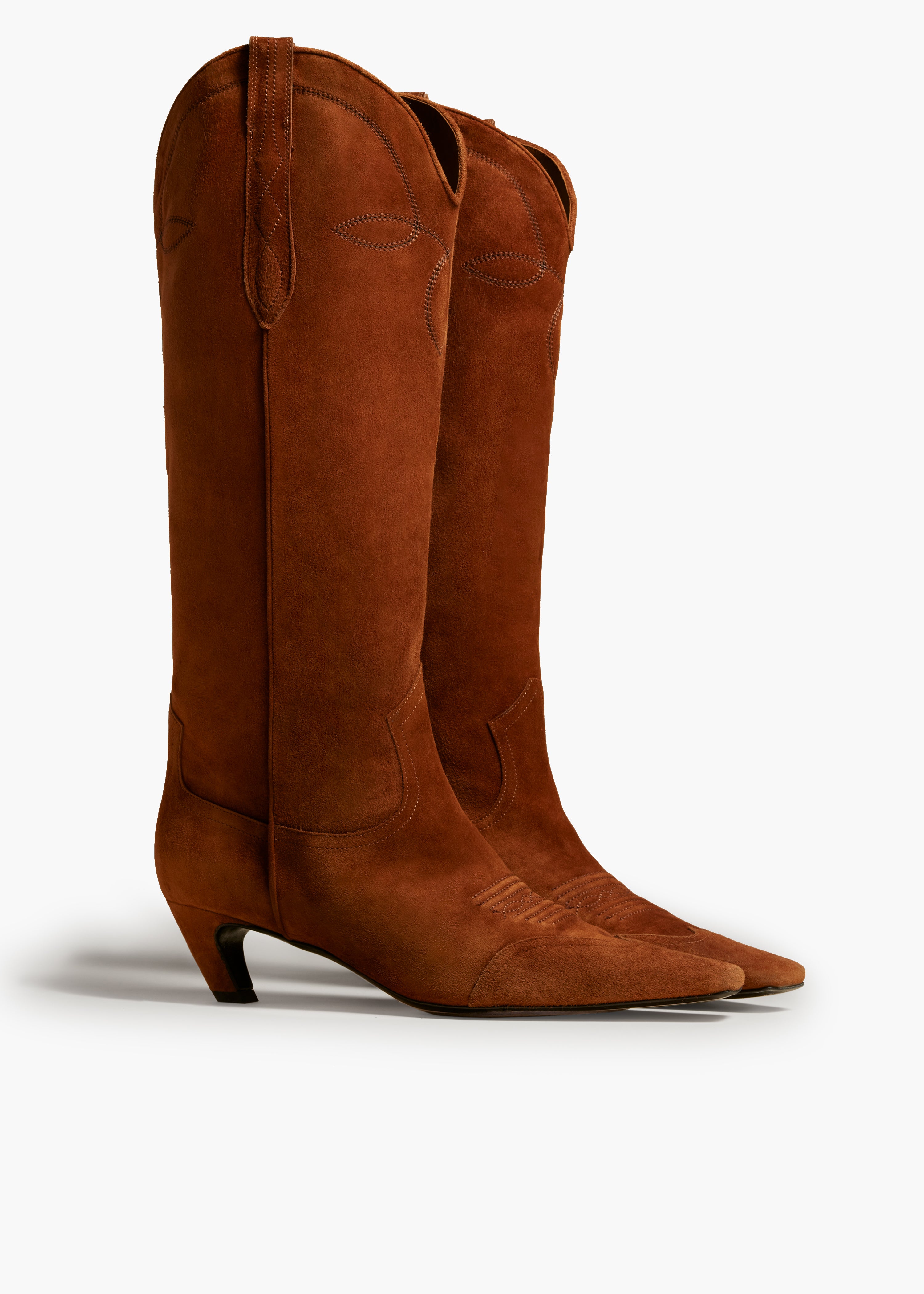 THE DALLAS KNEE HIGH BOOT IN CARAMEL SUEDE SIDE VIEW