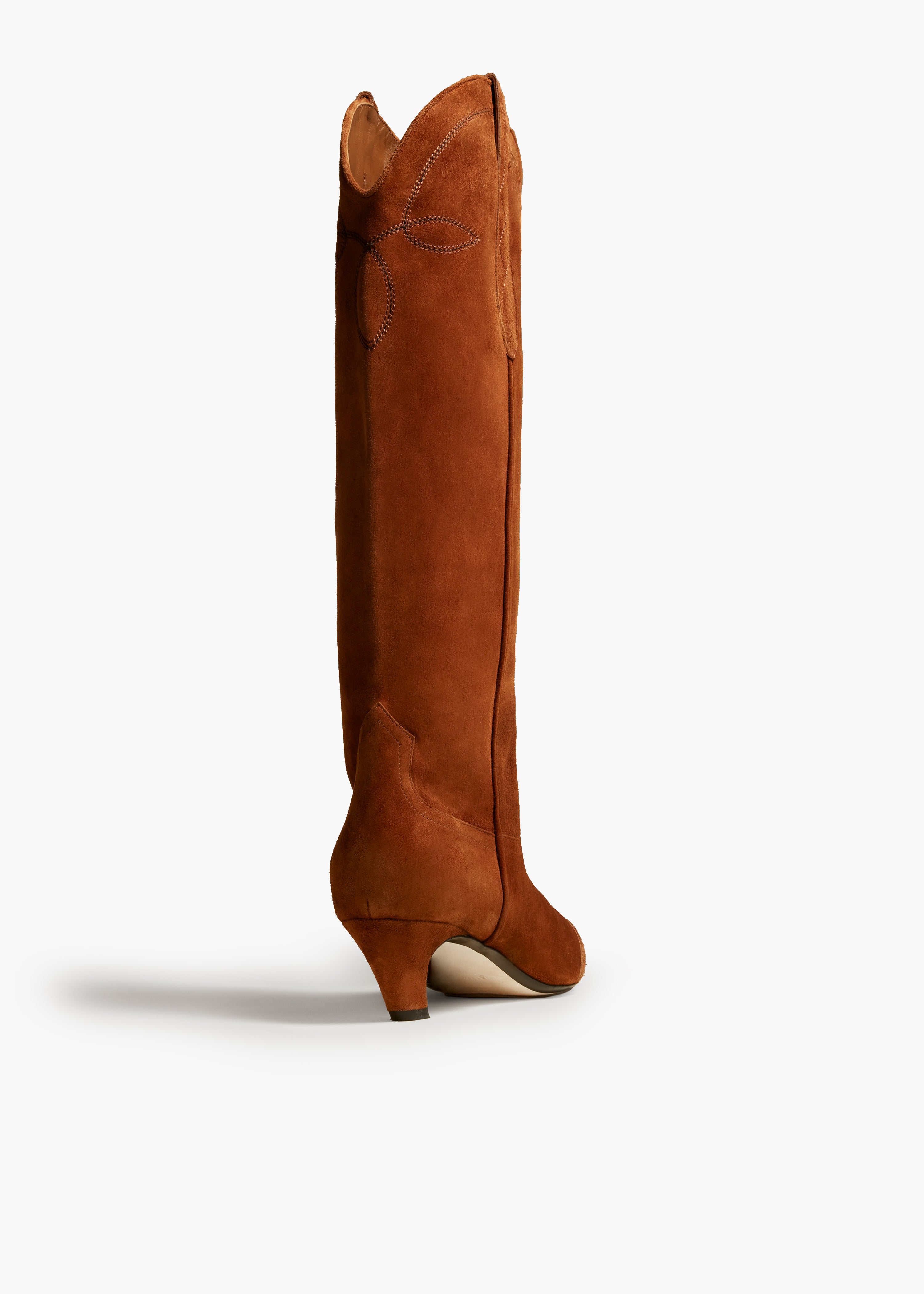 THE DALLAS KNEE HIGH BOOT IN CARAMEL SUEDE BACK VIEW