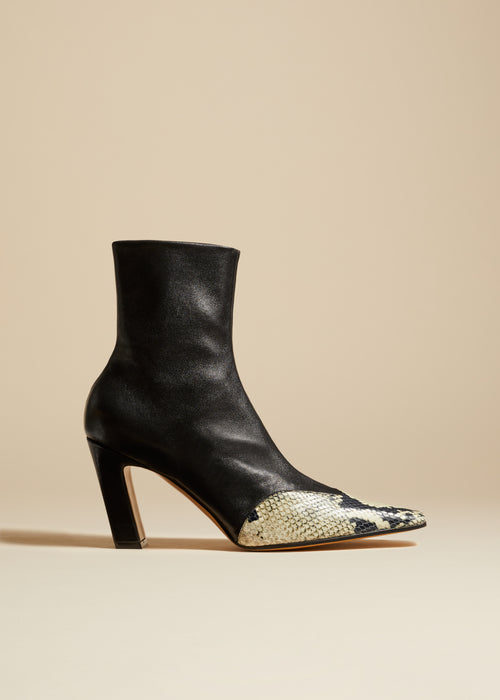 The Dallas Stretch Ankle Boot in Black with Natural Python-Embossed Leather