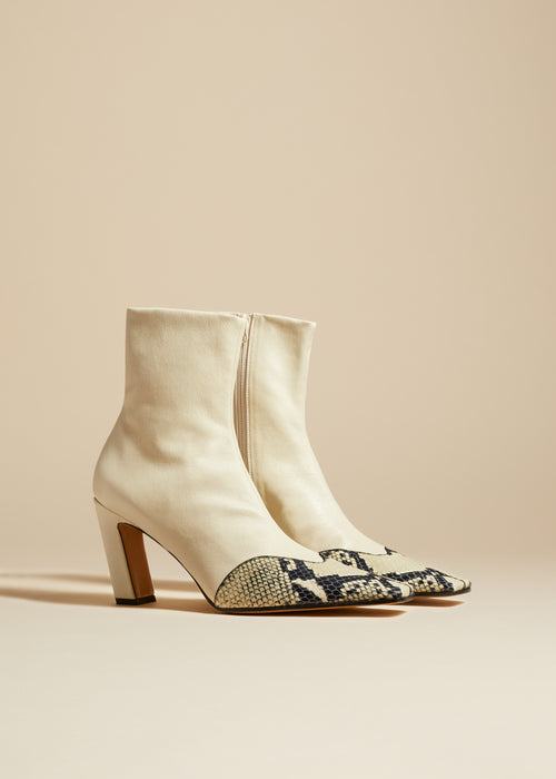 The Dallas Stretch Ankle Boot in Bone with Natural Python-Embossed Leather