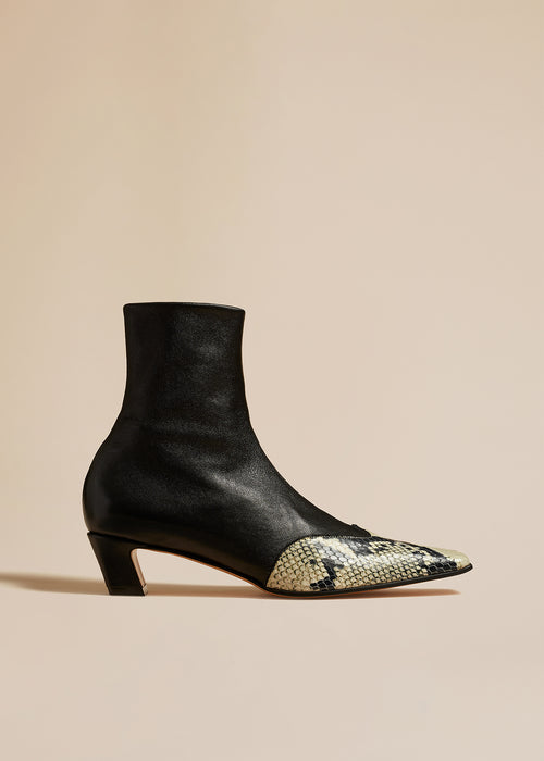The Nevada Stretch Low Boot in Black with Natural Python-Embossed Leather