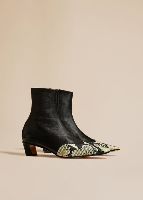The Nevada Stretch Low Boot in Black with Natural Python-Embossed Leather