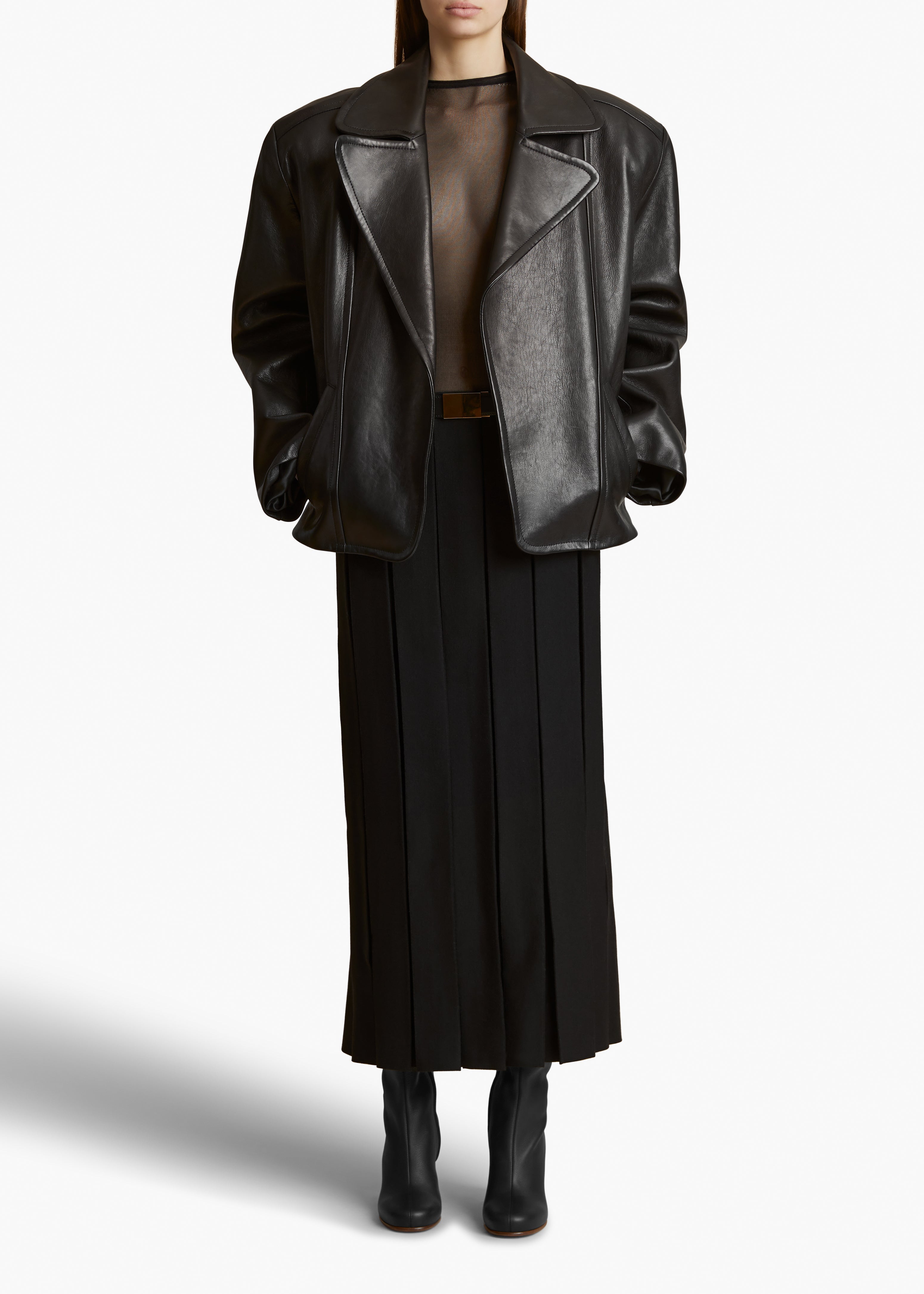 DOLORES JACKET IN BLACK LEATHER FRONT VIEW STYLED