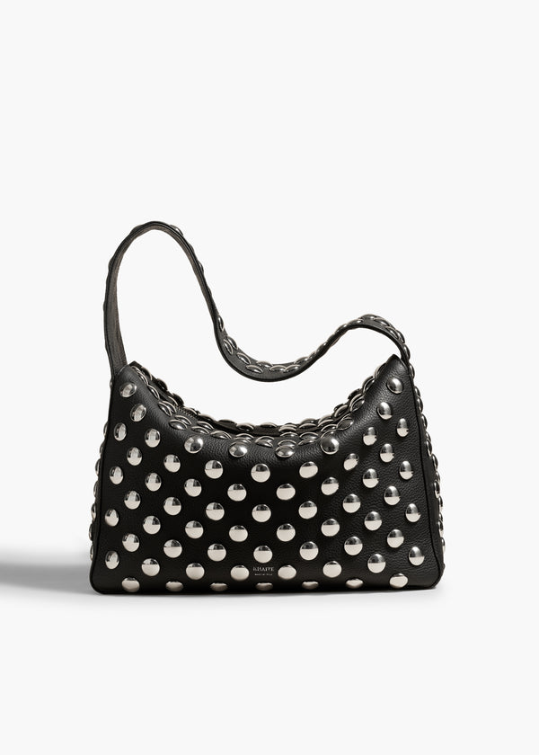 ELENA HANDBAG IN PEBBLED BLACK LEATHER WITH STUDS FRONT VIEW